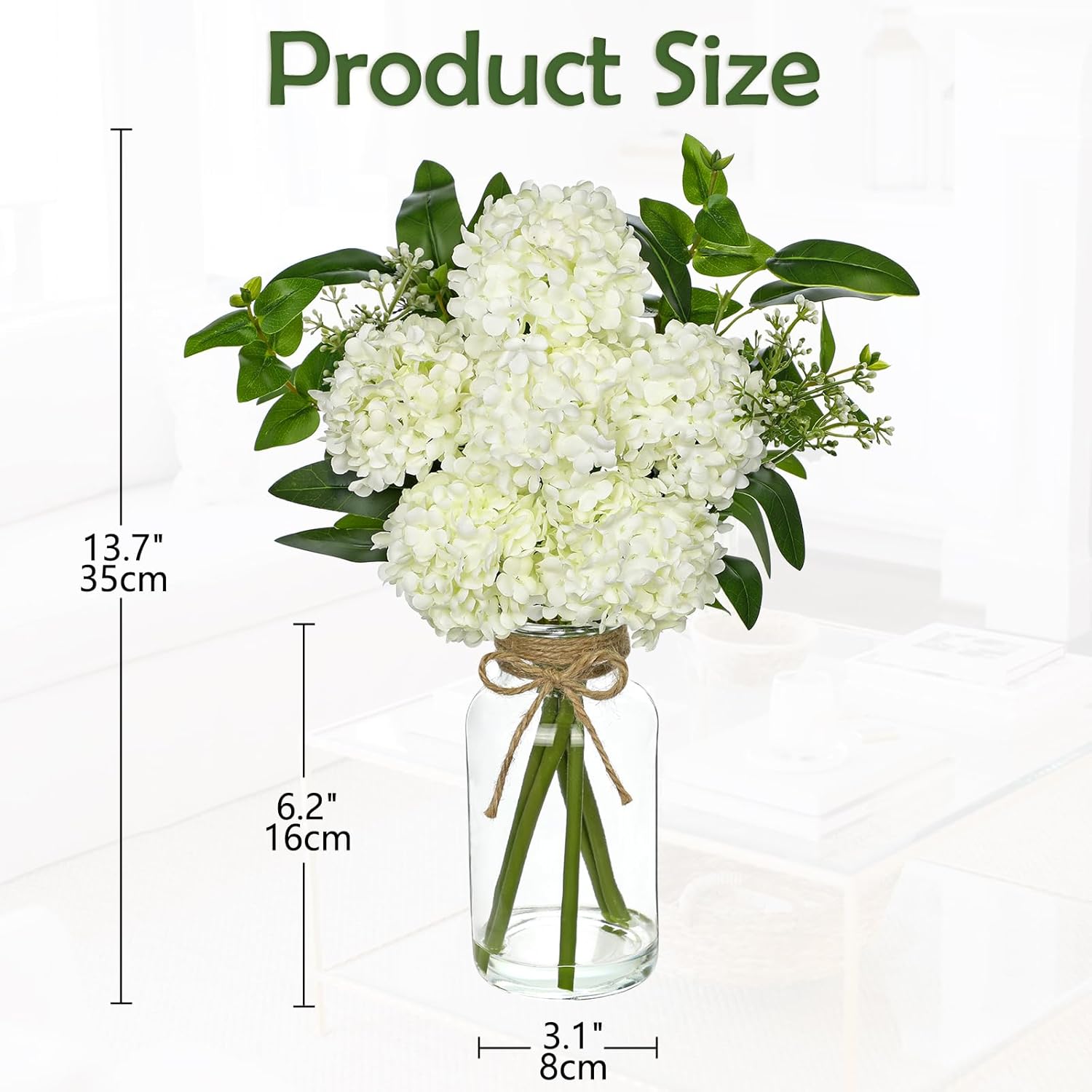 Hollyone Artificial Hydrangea Flowers with Clear Glass Vase