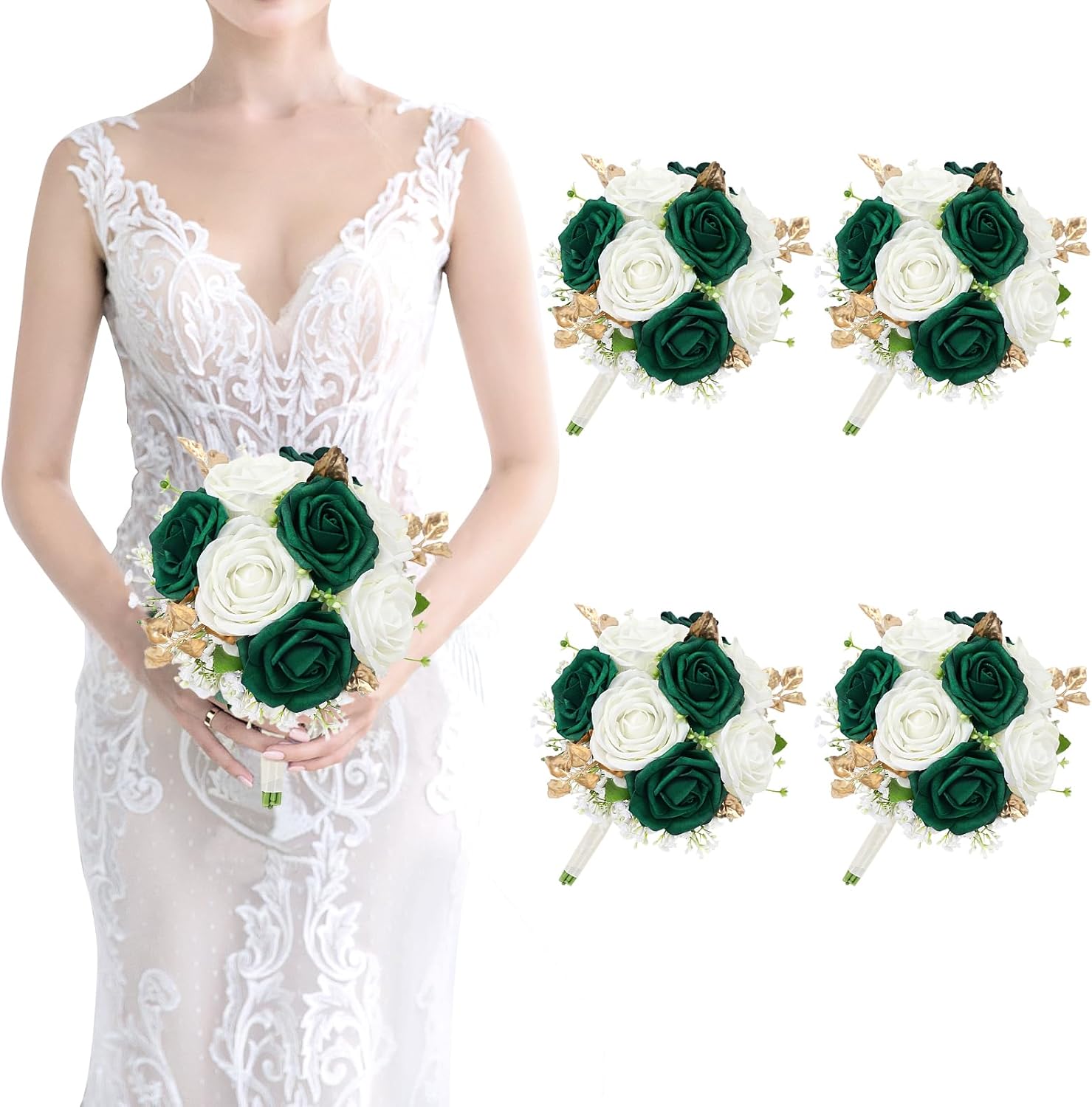 Wedding Bridesmaid Bouquet Set of 4 Artificial Flowers Emerald White Gold