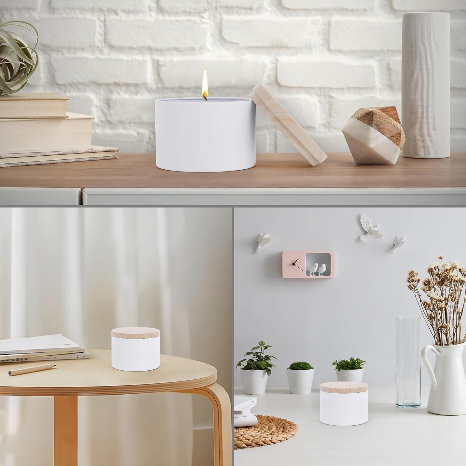 NEXBEXES 24PCS 8oz White Candle Tins with Wood Grain Metal Lids