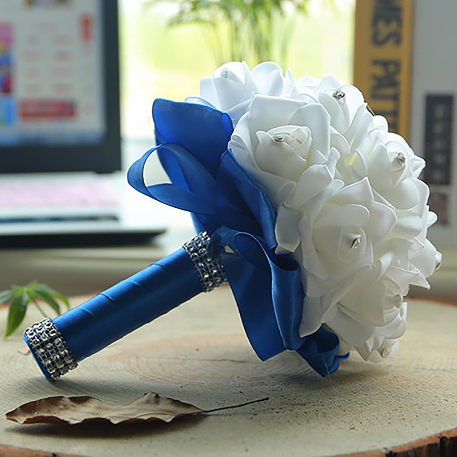 Crystal Diamond Silk Roses Wedding Bouquet Blue