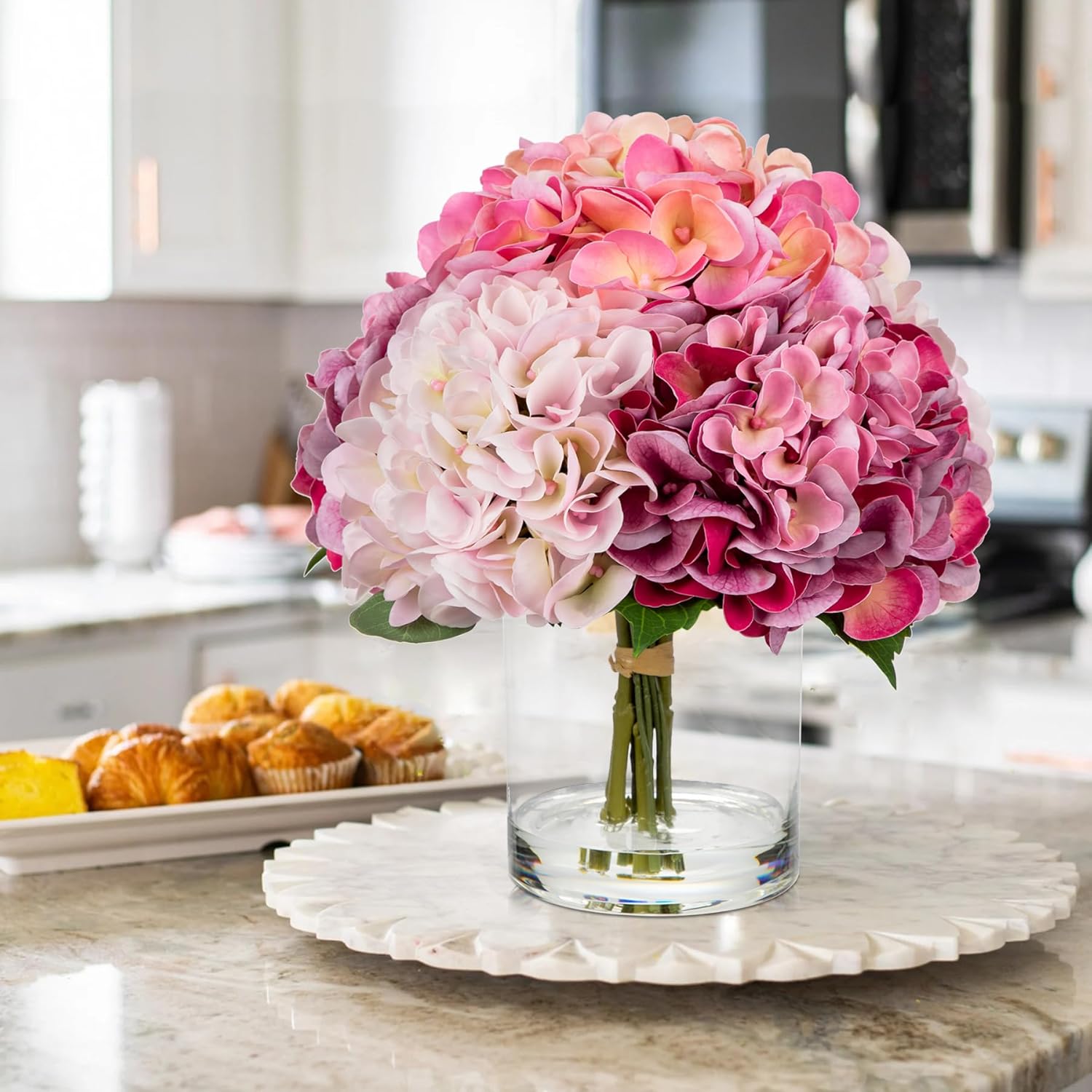 Hollyone Realistic Pink Hydrangea Artificial Flowers in Glass Vase