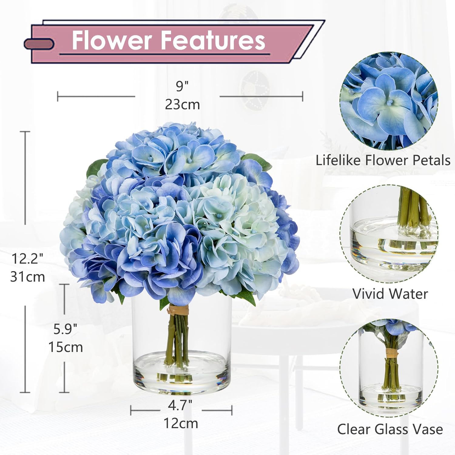 Hollyone Realistic Artificial Hydrangea Flowers in Glass Vase