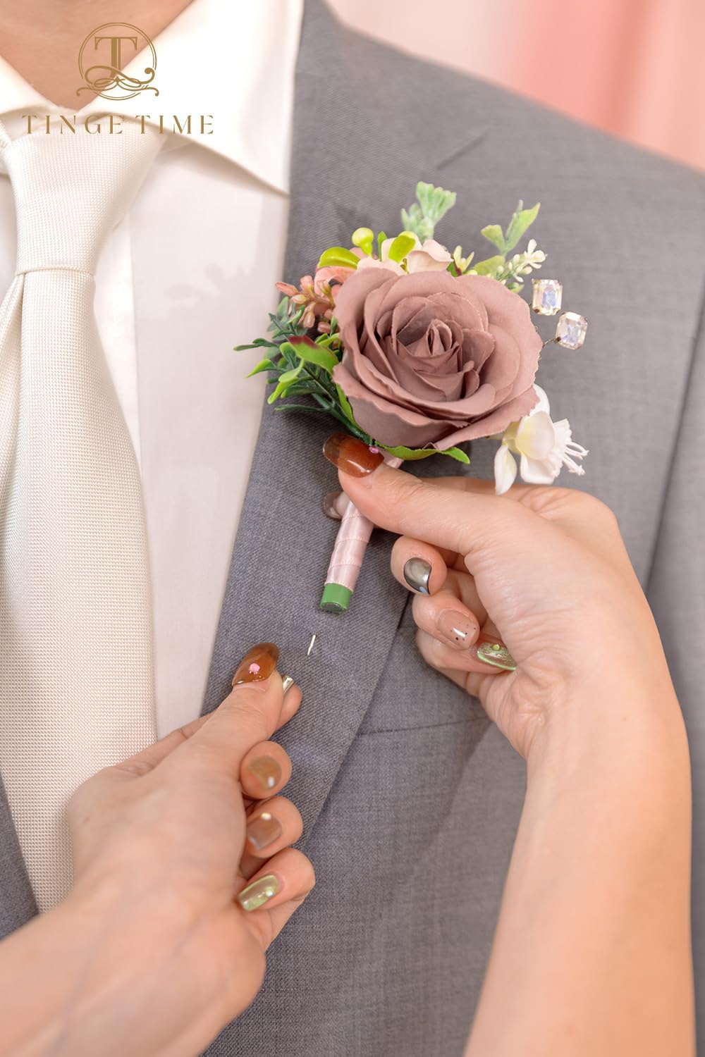 TINGE TIME Artificial Dusty Rose Champagne Boutonniere Set of 10