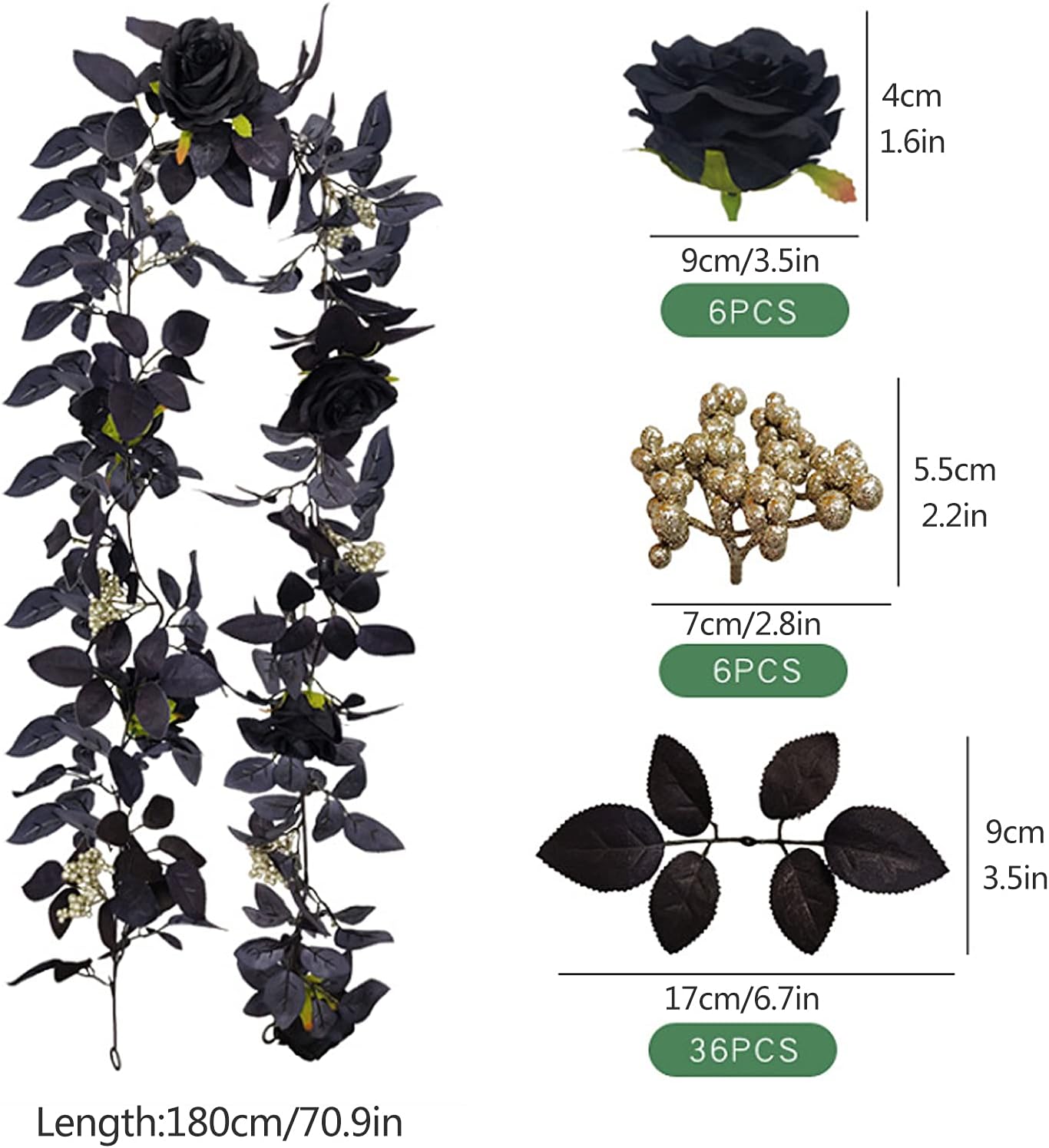 BFYDOAA 180cm Artificial Black Rose Vine Halloween Garland