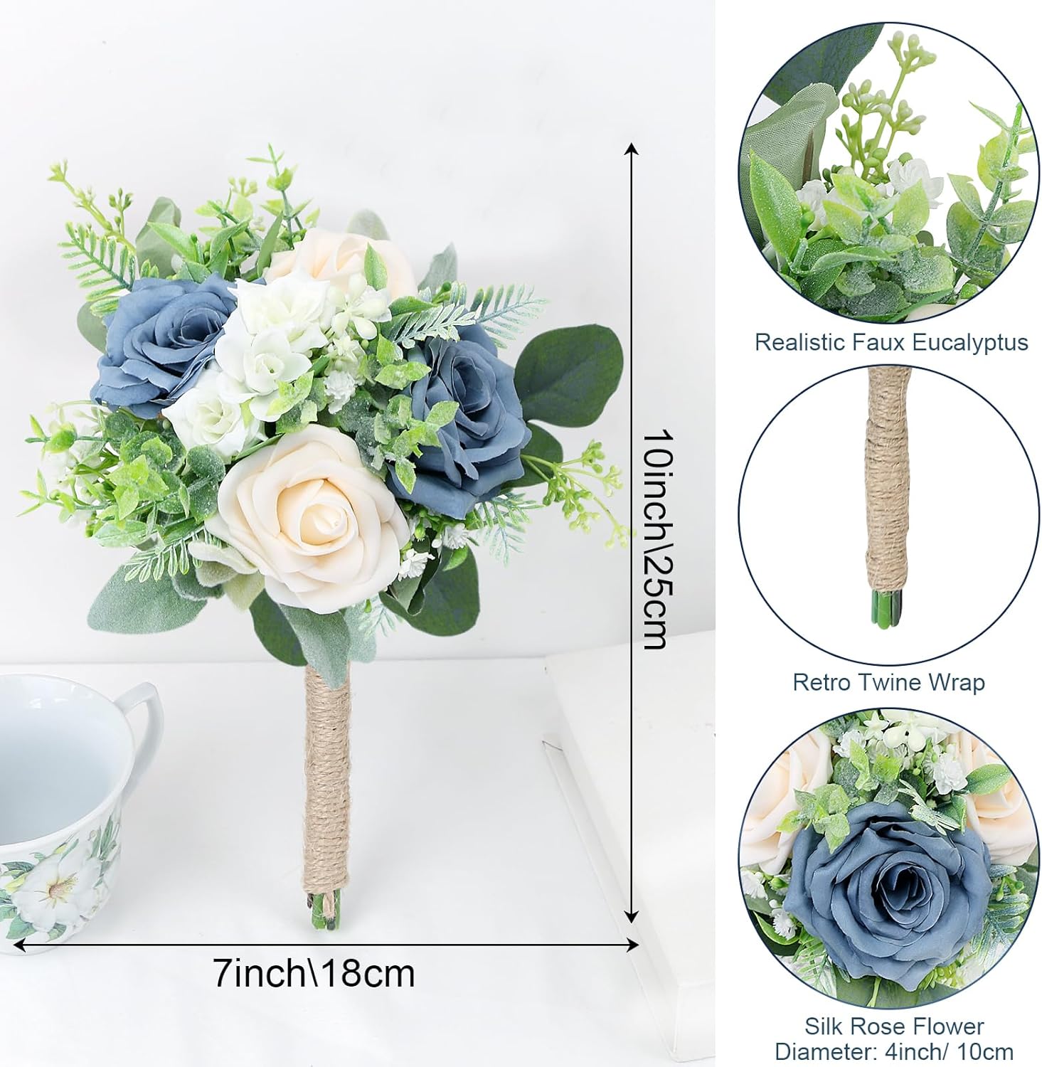 SEMONONIA 6 Piece Bridesmaid Bouquets Set - 7 Inch Artificial Flowers
