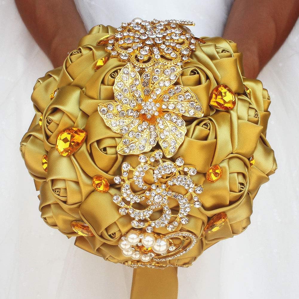 Gold Rhinestone Brooch Wedding Bouquet with Satin Roses and Crystals