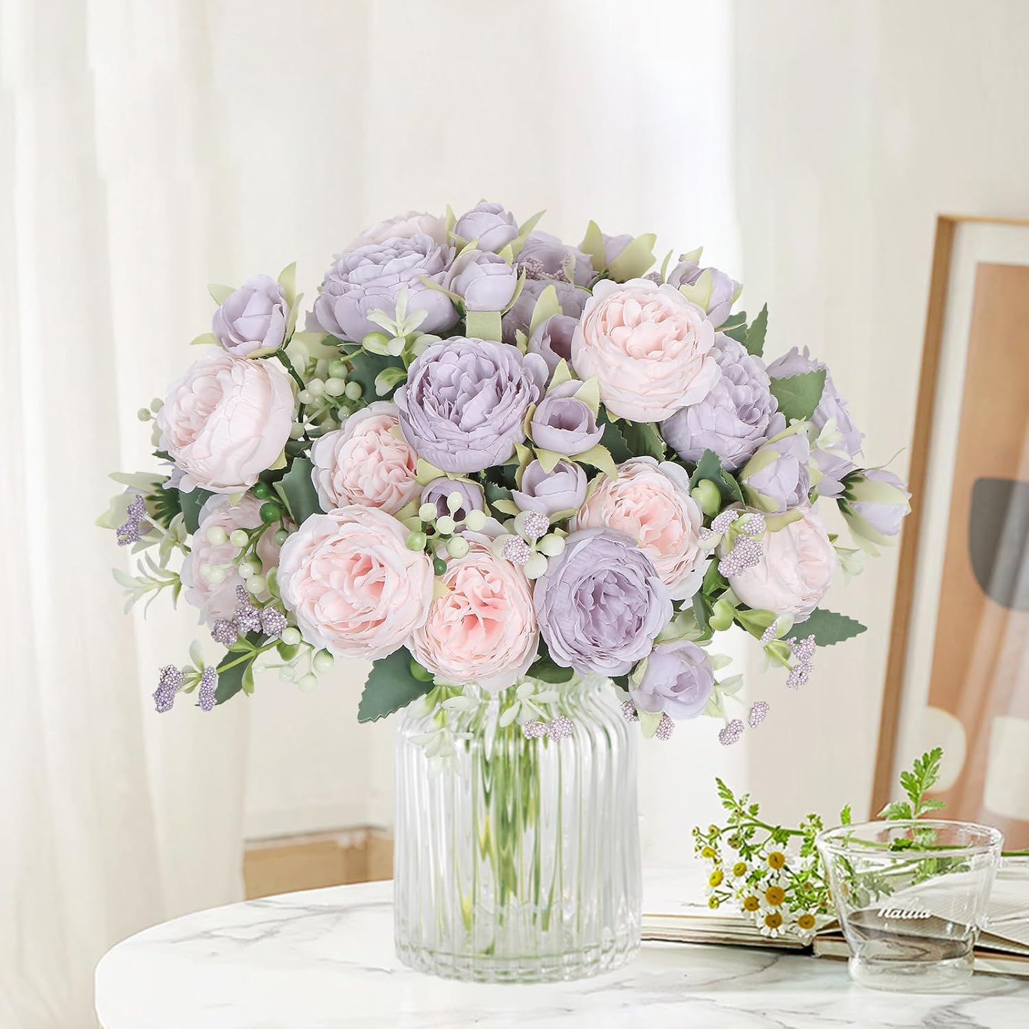 SOMYTING Artificial Peonies Flowers Bouquet Purple and Pink 2PCS