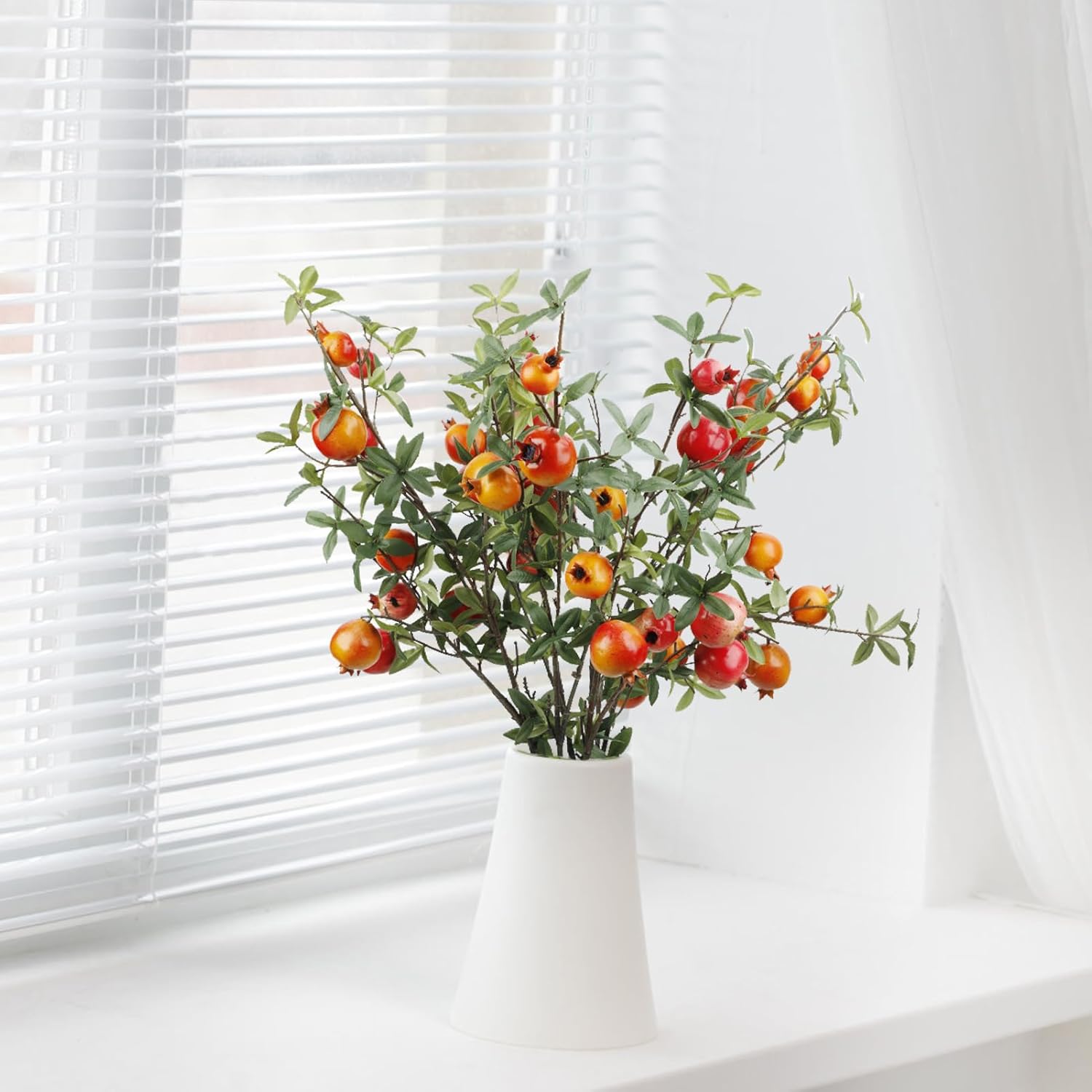 4PCS Faux Pomegranate Flower Bouquet Artificial Flowers with Green Leaves