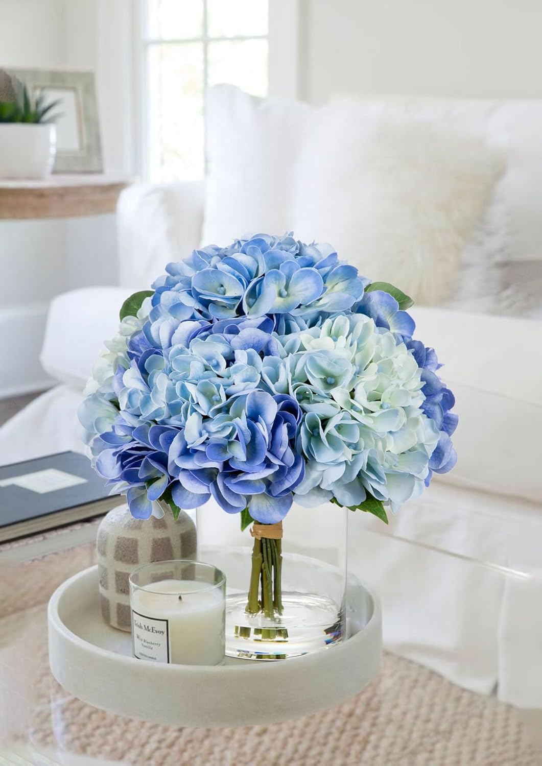 Hollyone Realistic Artificial Hydrangea Flowers in Glass Vase