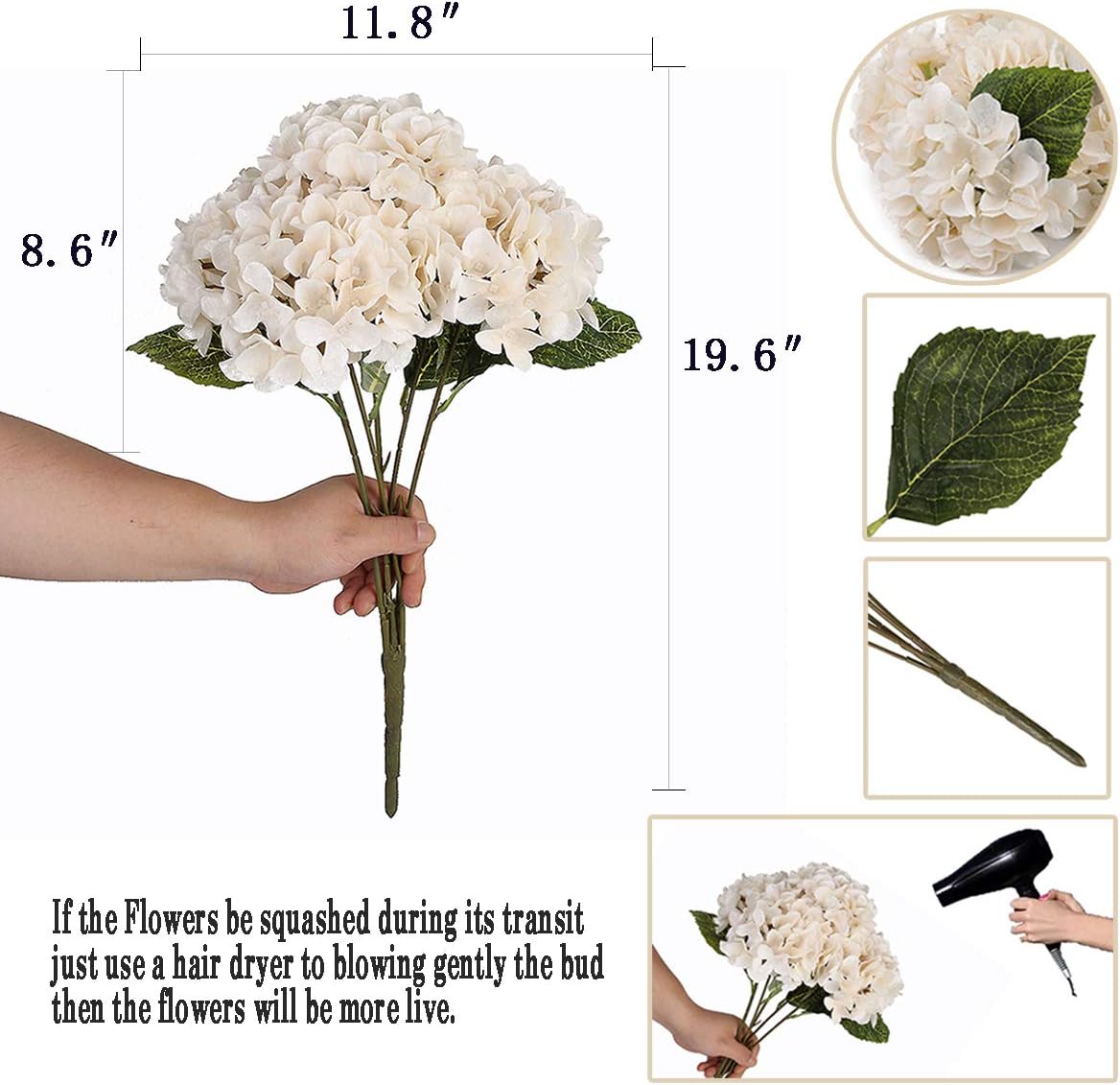 Jims Cabin Silk Hydrangea Artificial Flower Bouquet with 5 Big Heads White