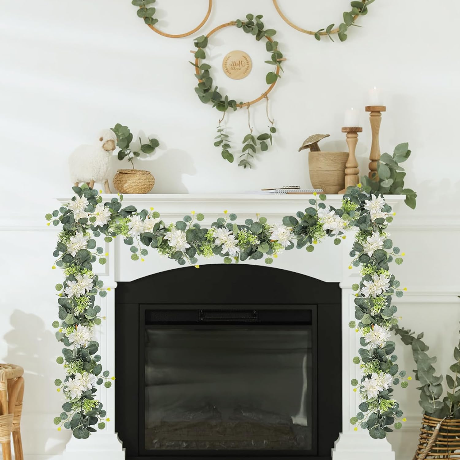 Dremisland Artificial Flowers Garland 2 Pack 12ft Eucalyptus with White Dahlias and Berries