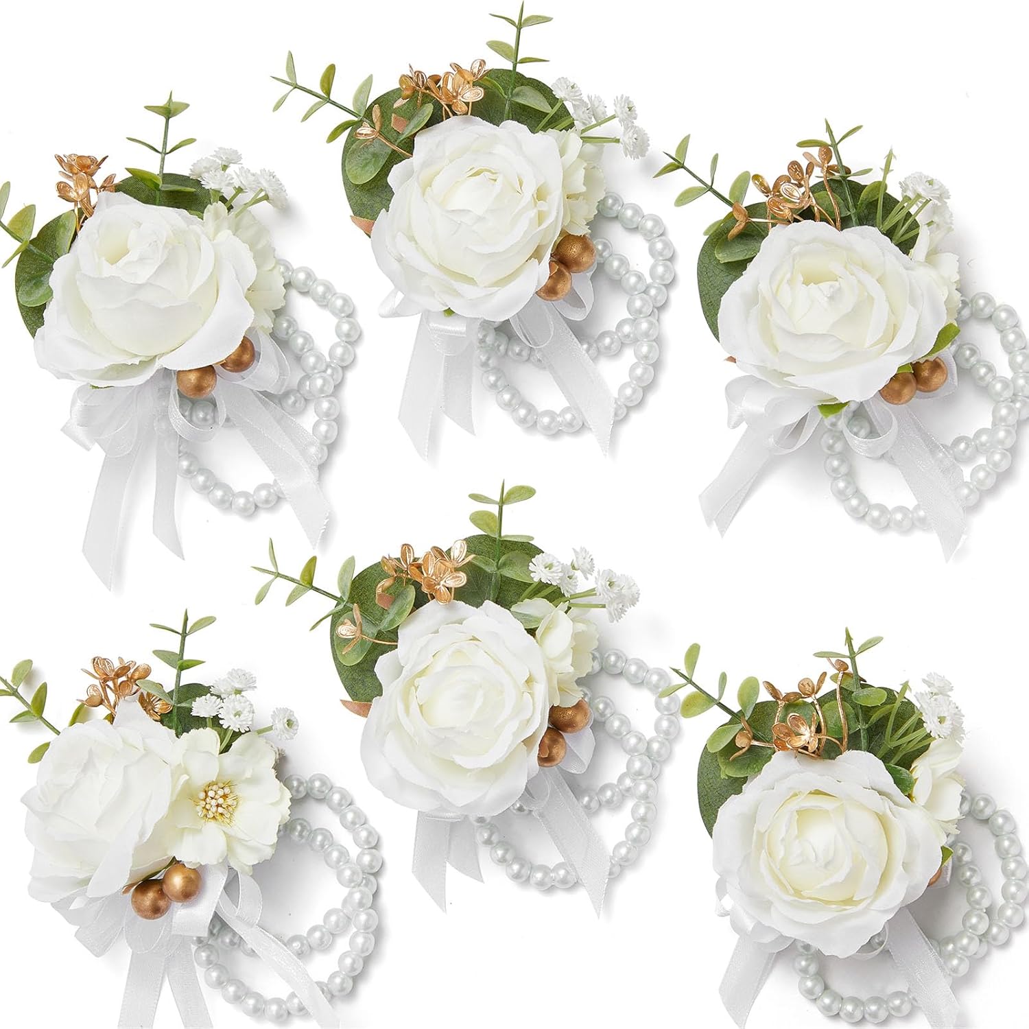 Serwalin 6Pcs White Prom Corsage Wristlet Set