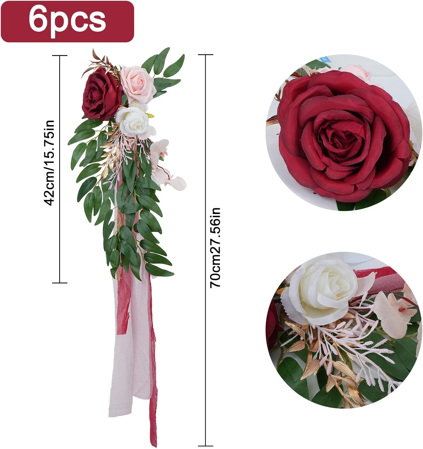 6PCS Wedding Artificial Aisle Chair Flowers Decor with Chiffon Ribbons