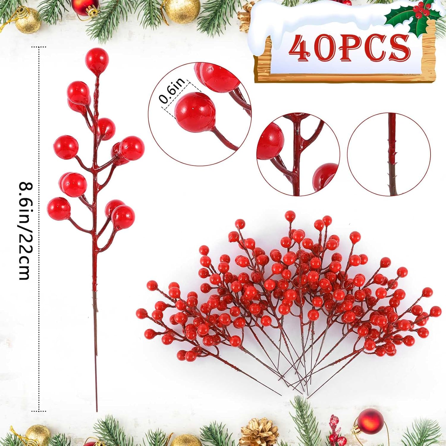 40 Pcs Red Artificial Berry Stems for Christmas Decor