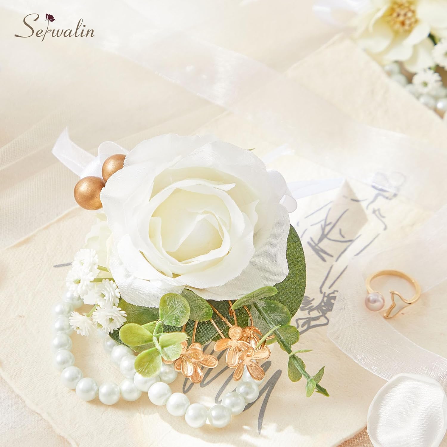 Serwalin 6Pcs White Prom Corsage Wristlet Set