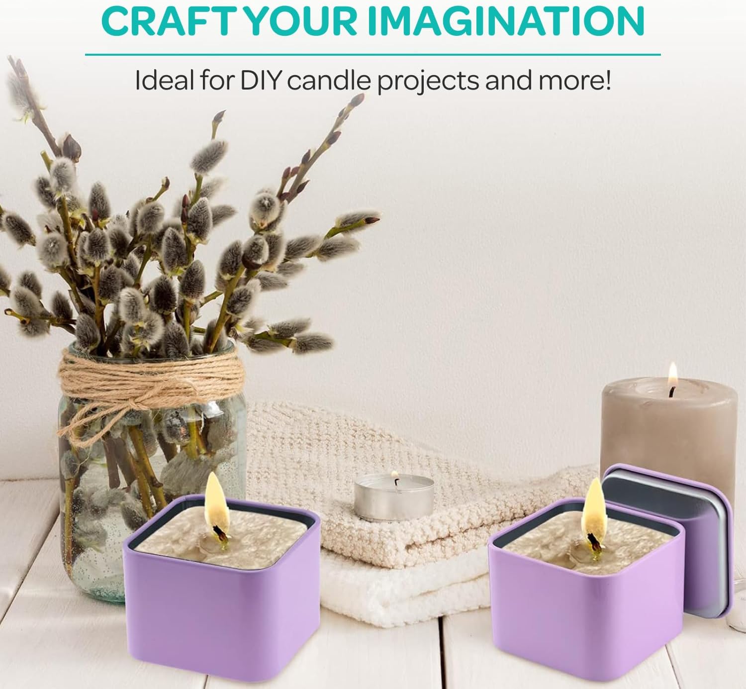 Hearts Crafts Lavender Candle Tins - 8 oz Square 24 Pack