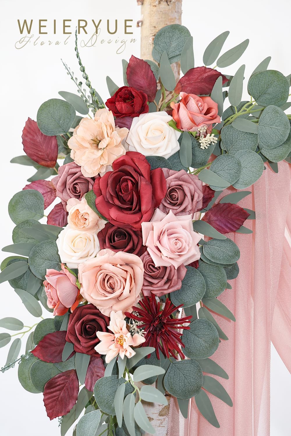 Artificial Wedding Arch Flowers Kit with 3 Pieces and Chiffon Drape