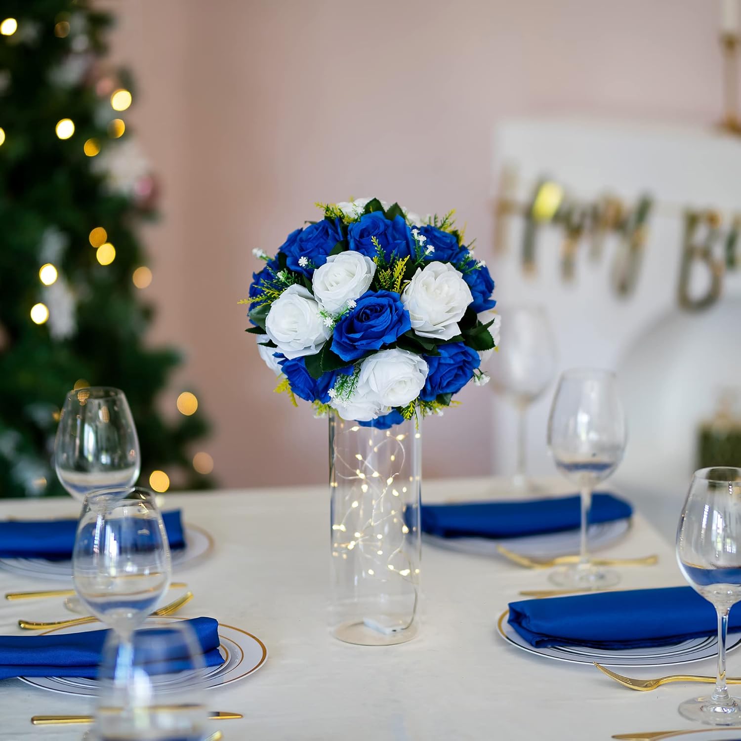 BLOSMON Royal Blue White Flower Balls Centerpiece 2 Pcs