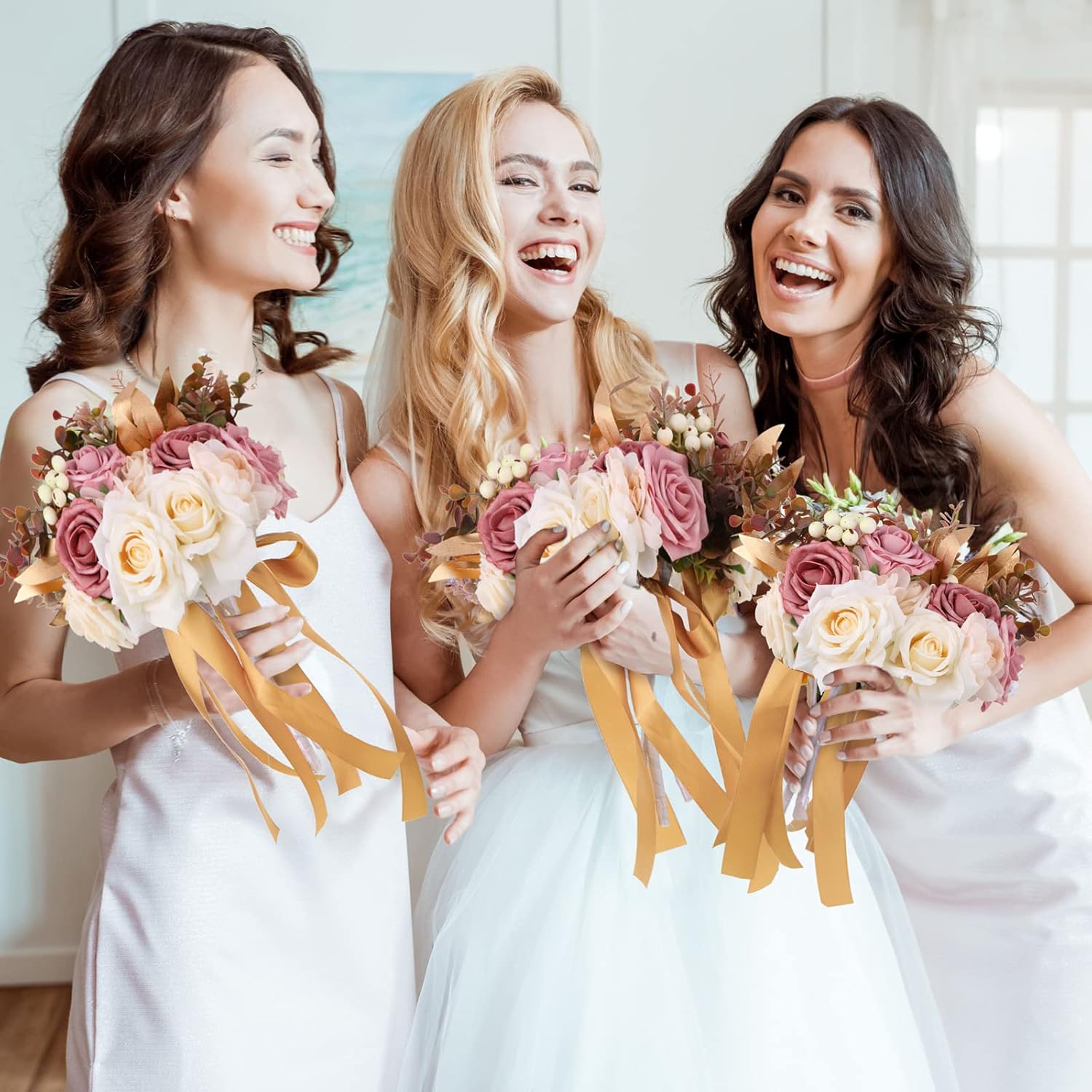 Karenhi 12 Pcs Artificial Wedding Bouquets and Boutonniere Set Rose White