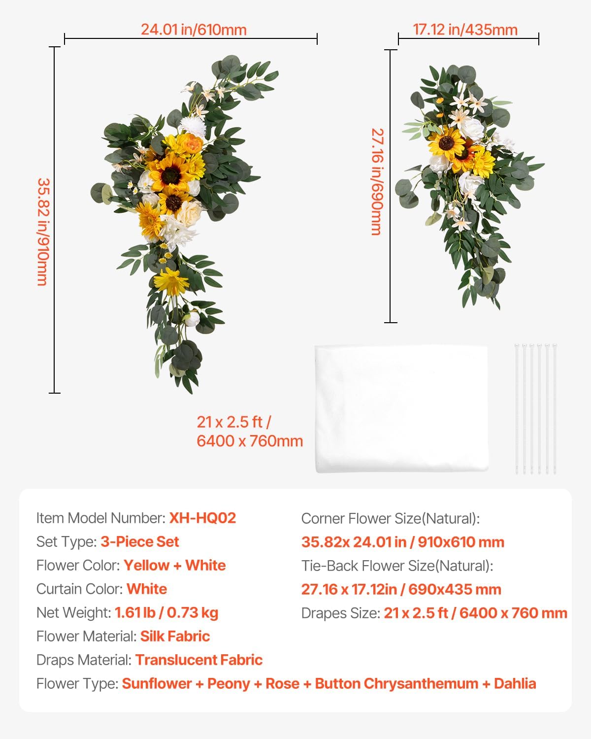 VEVOR Artificial Wedding Arch Flowers Kit Pack of 3