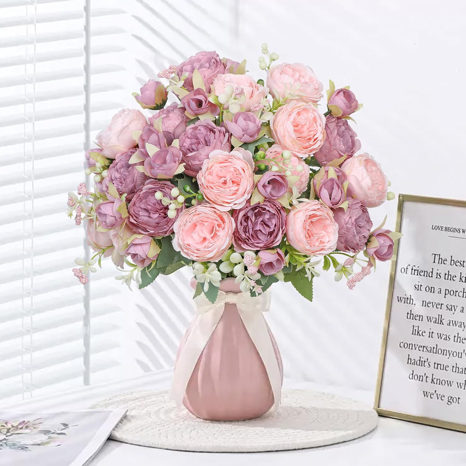 SOMYTING Artificial Pink Peonies Flowers Bouquets 2PCS