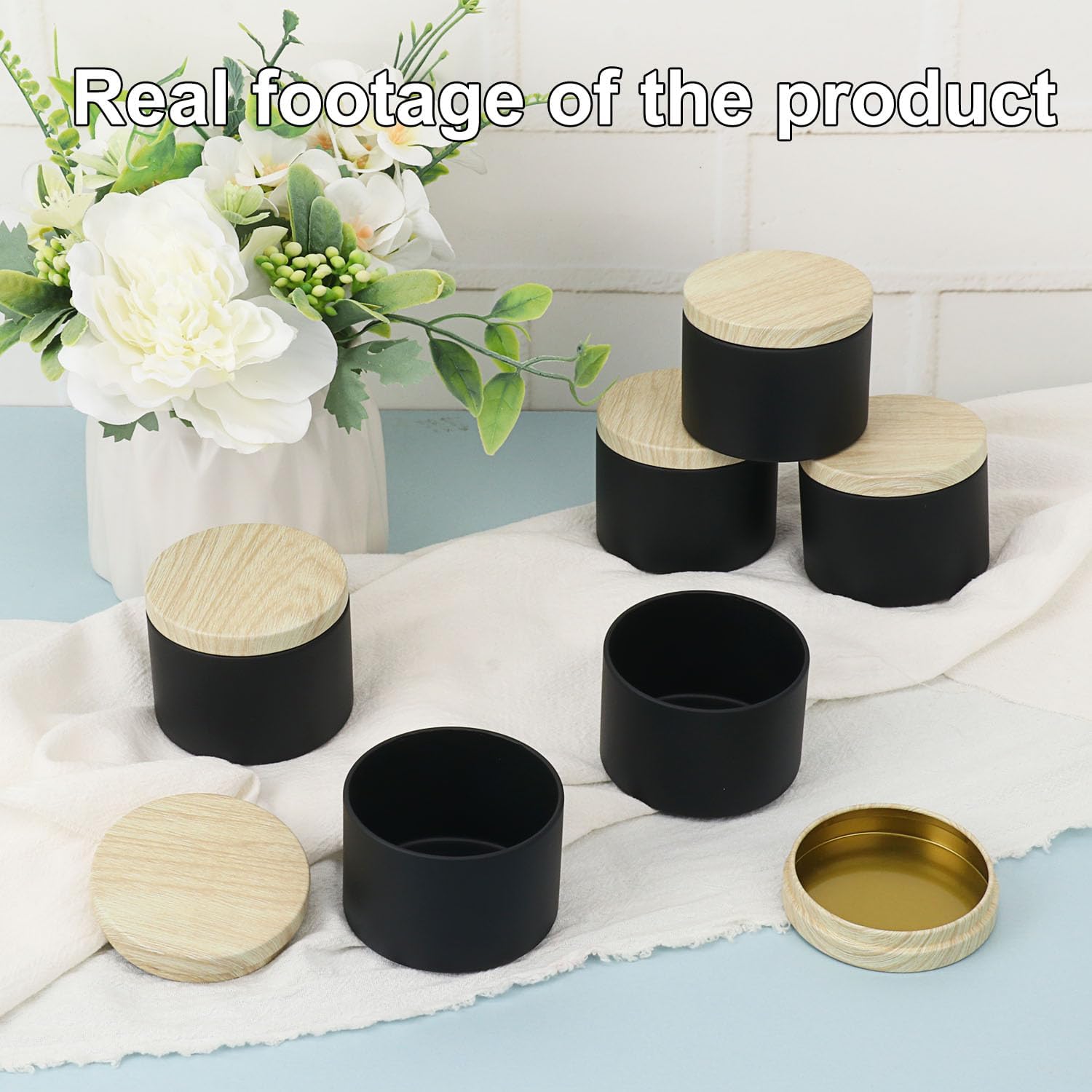 48 Pack 4 Oz Black Metal Candle Tins with Wood Grain Lids