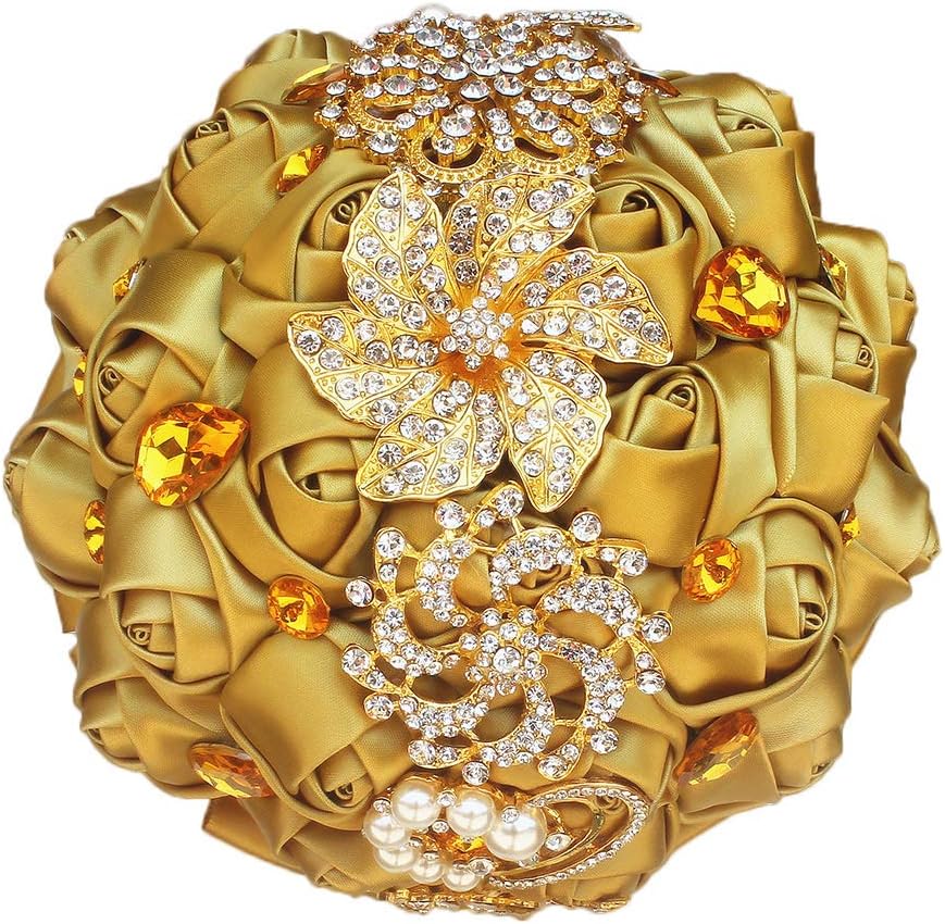 Gold Rhinestone Brooch Wedding Bouquet with Satin Roses and Crystals