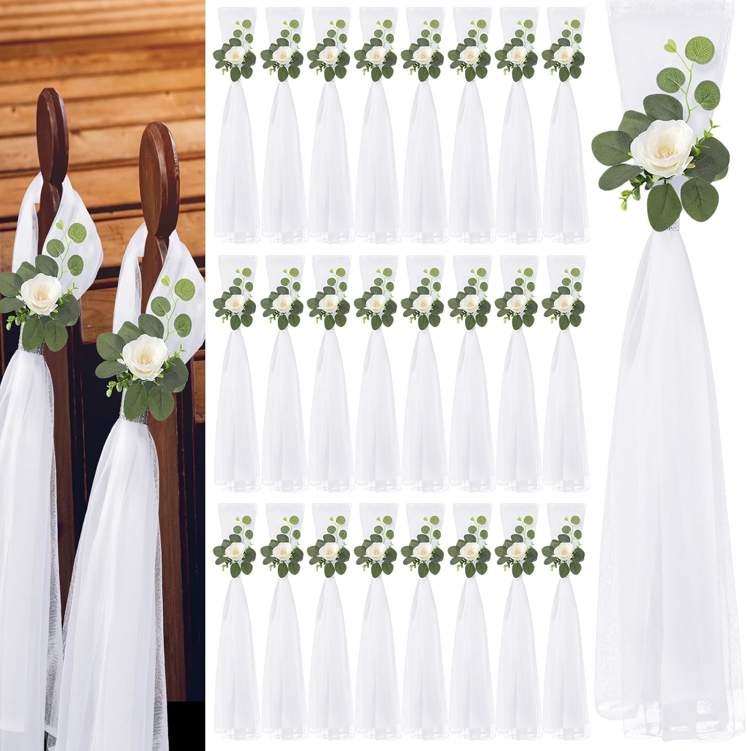 24 Piece Wedding Hydrangea Gardenia Chair Decor with Tulle Tails