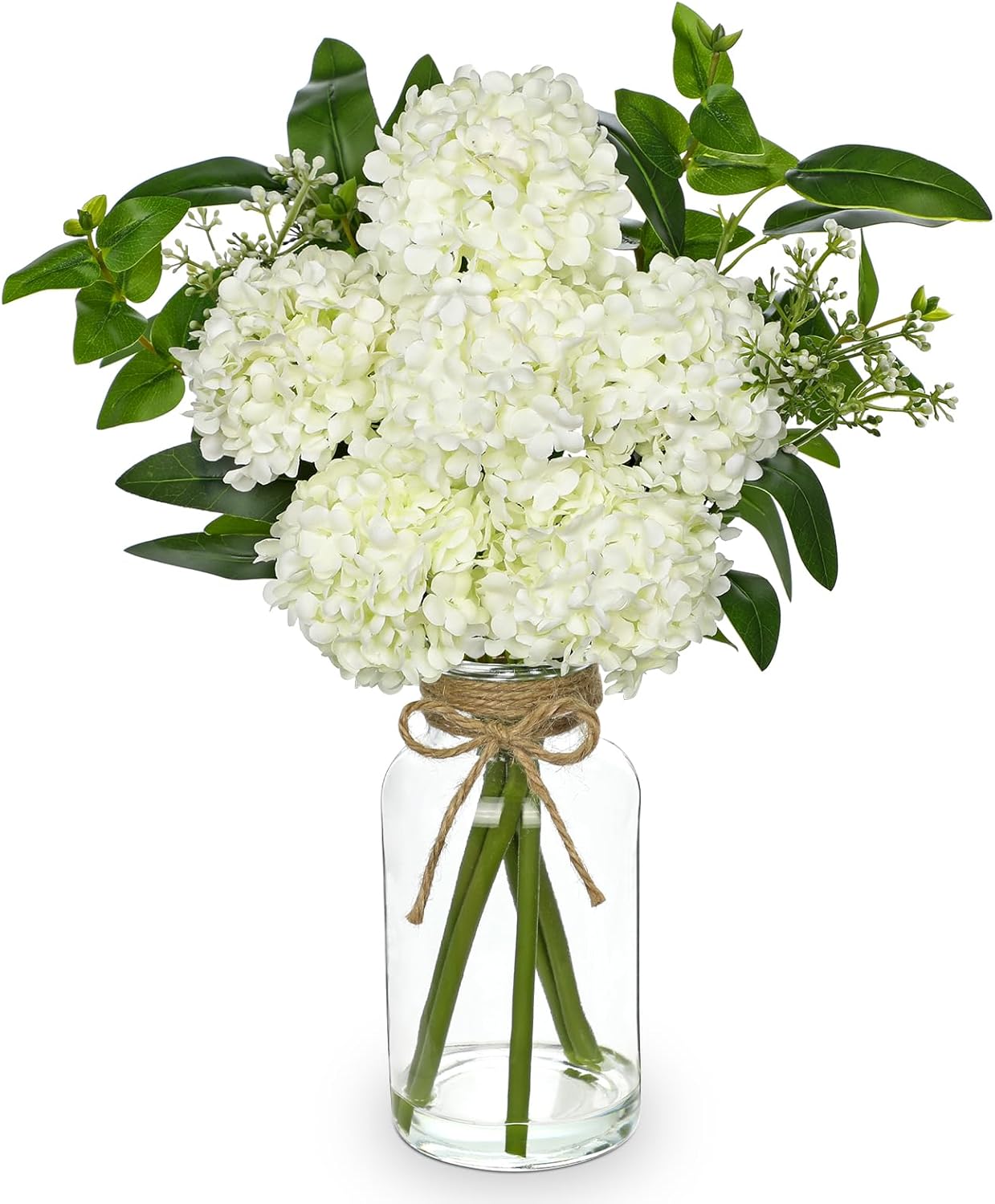 Hollyone Artificial Hydrangea Flowers with Clear Glass Vase