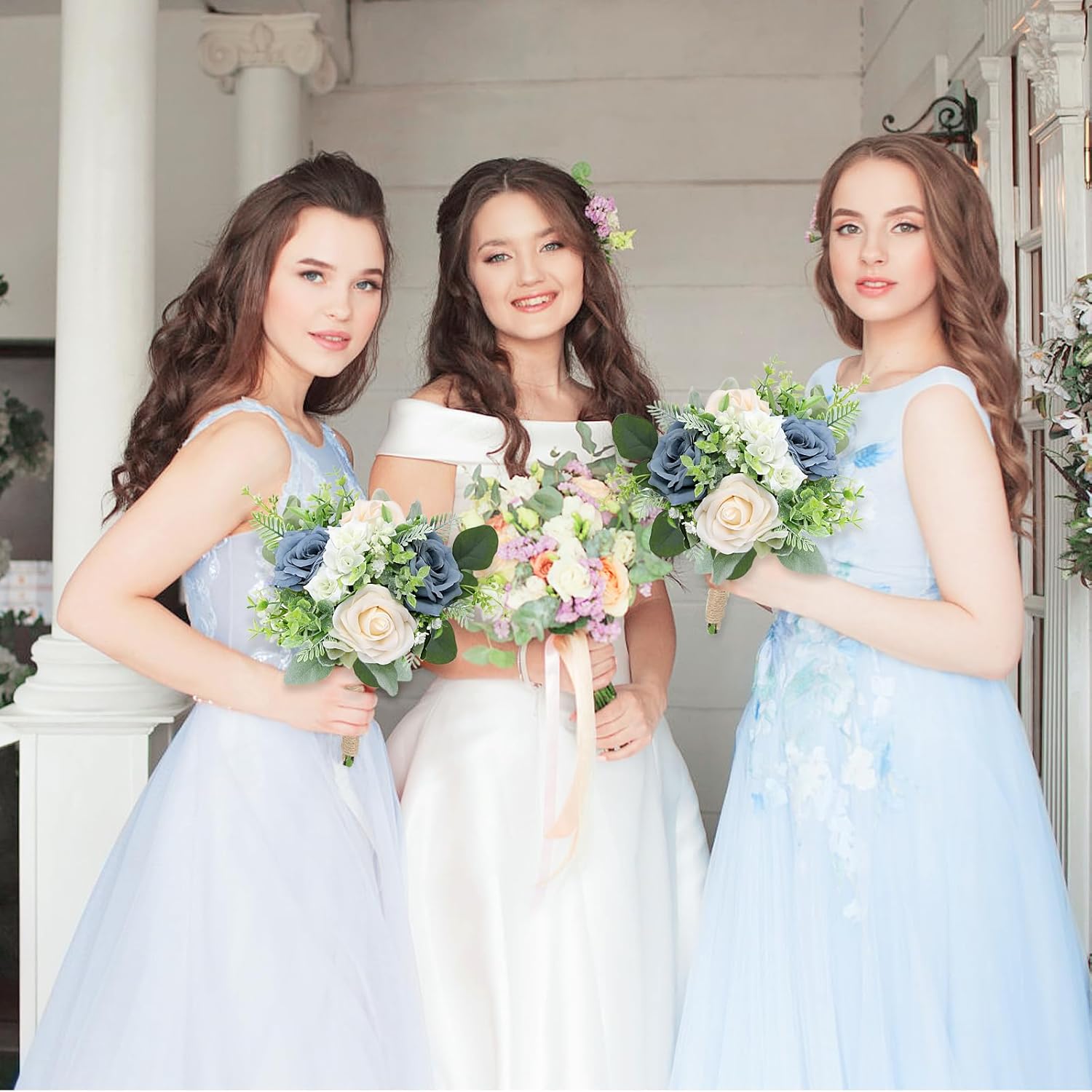 SEMONONIA 6 Piece Bridesmaid Bouquets Set - 7 Inch Artificial Flowers
