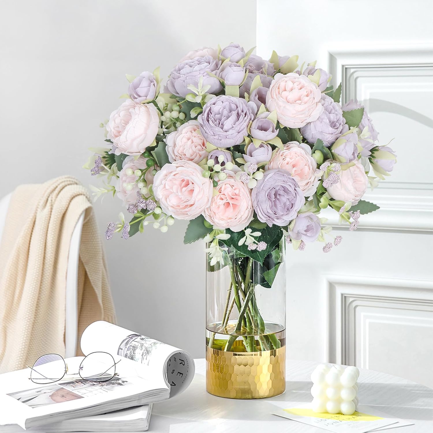 SOMYTING Artificial Peonies Flowers Bouquet Purple and Pink 2PCS