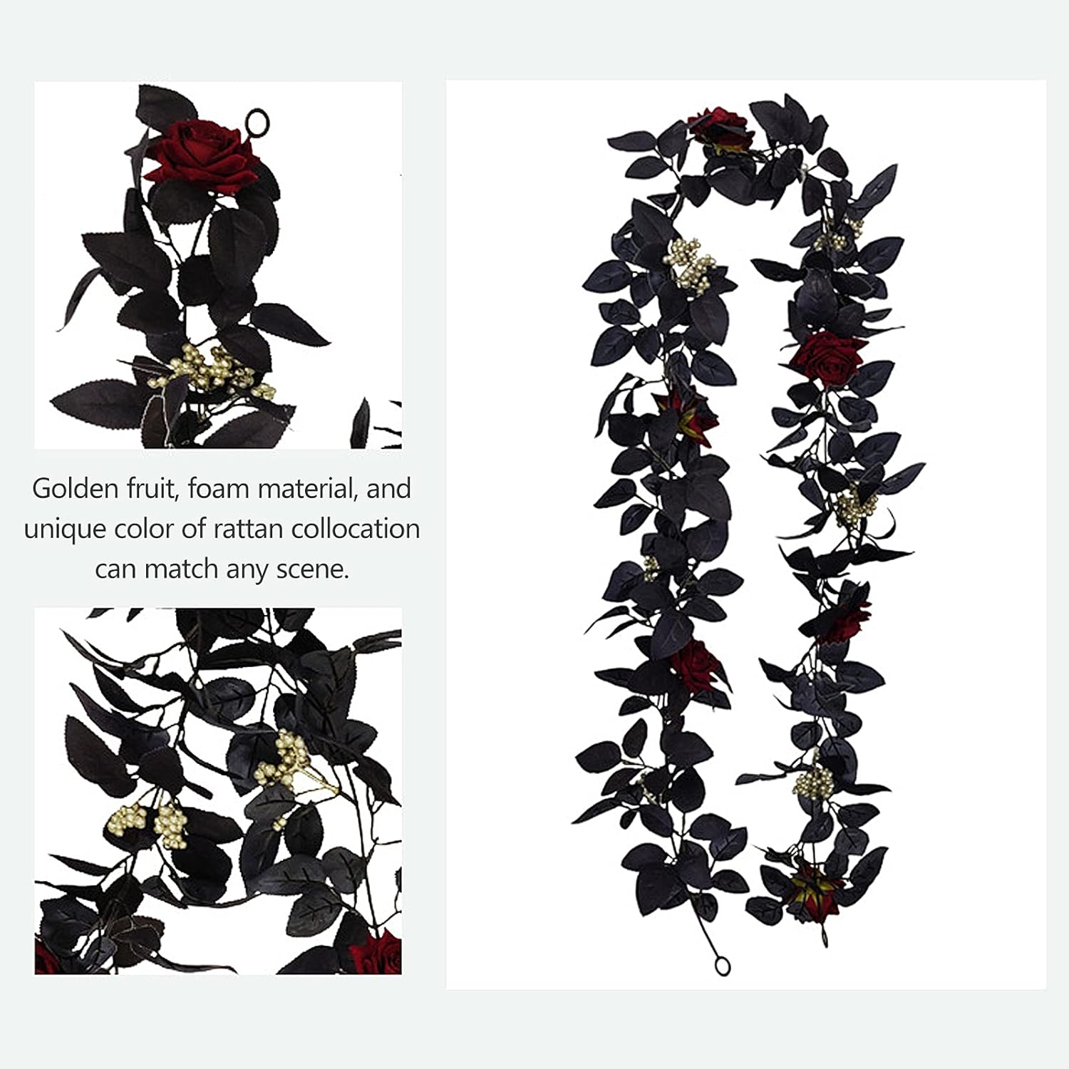 BFYDOAA 180cm Artificial Black Rose Vine Halloween Garland
