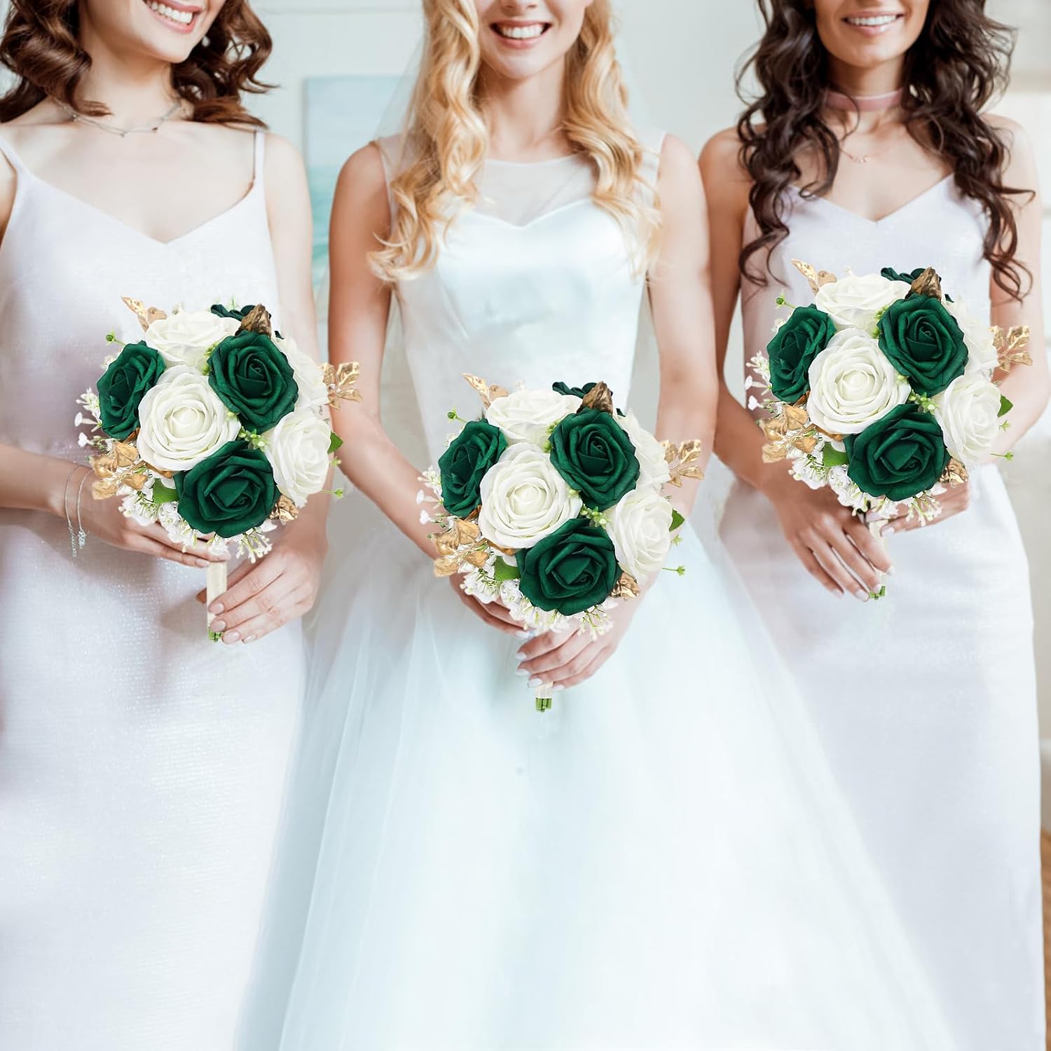 Wedding Bridesmaid Bouquet Set of 4 Artificial Flowers Emerald White Gold