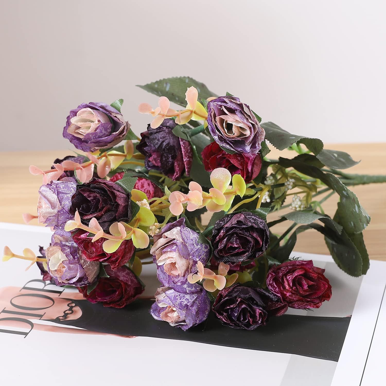Duovlo 7 Stem 21 Mini Rose Artificial Flower Bouquet Pack of 4 Purple