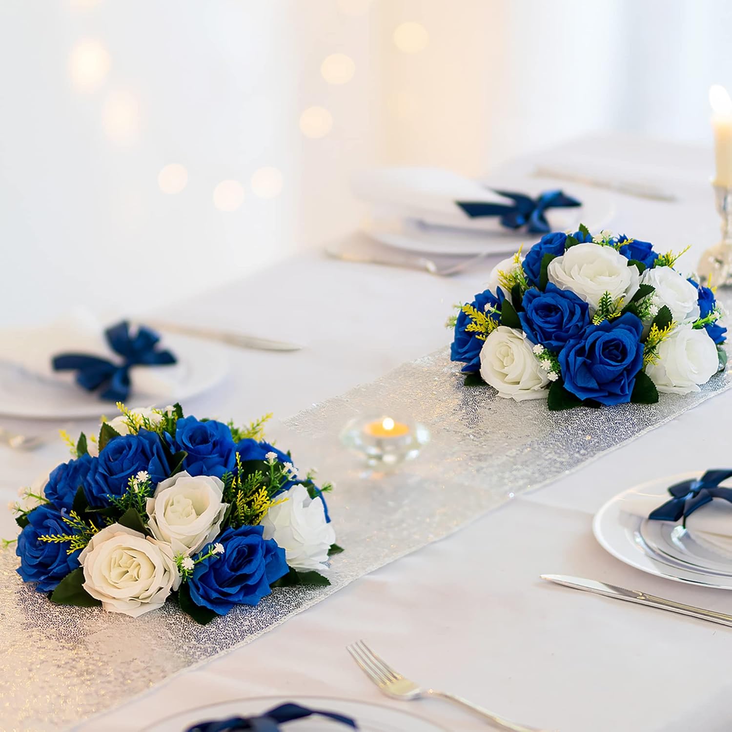 BLOSMON Royal Blue White Flower Balls Centerpiece 2 Pcs