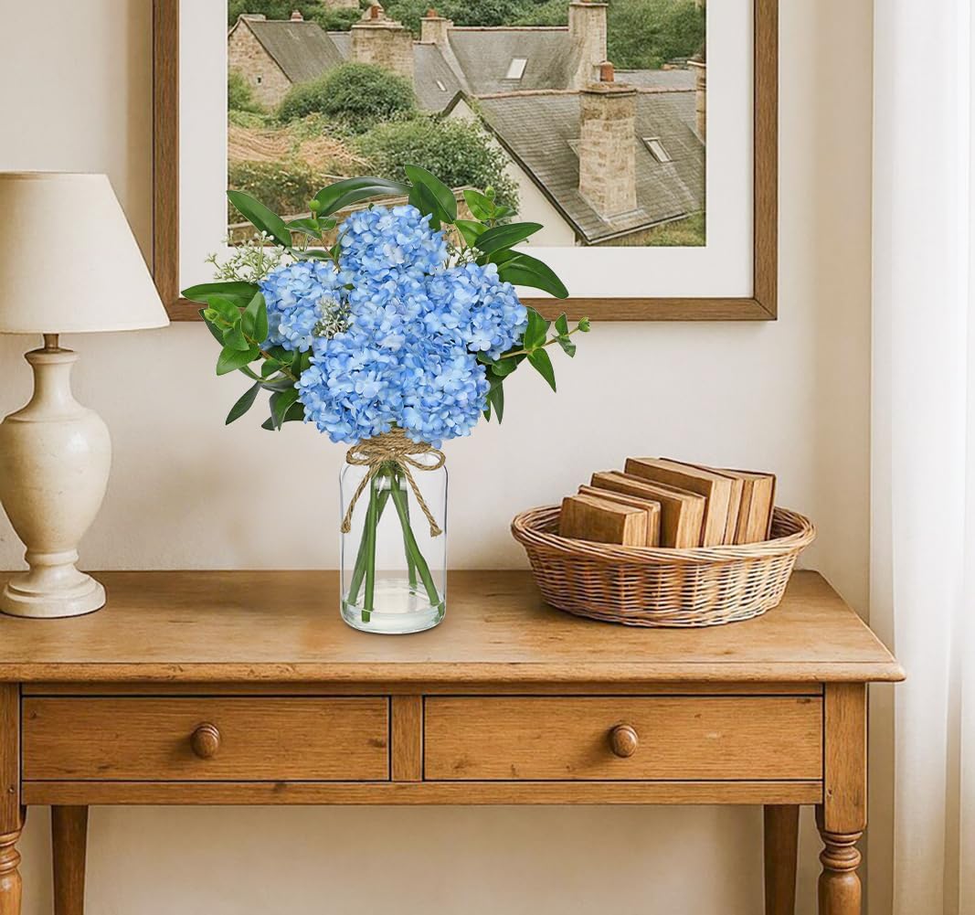 Hollyone Blue Hydrangea Artificial Flowers in Clear Glass Vase