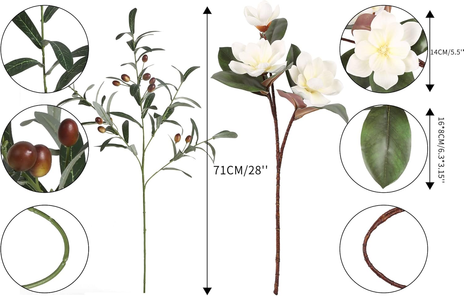 White Silk Magnolia Flowers and Olive Branches Artificial Flower Set for Vases