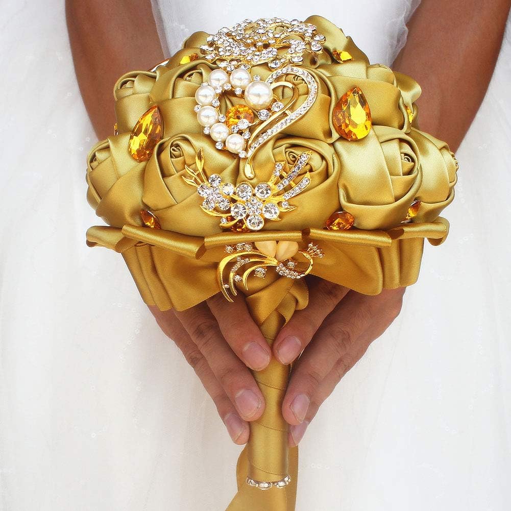 Gold Rhinestone Brooch Wedding Bouquet with Satin Roses and Crystals
