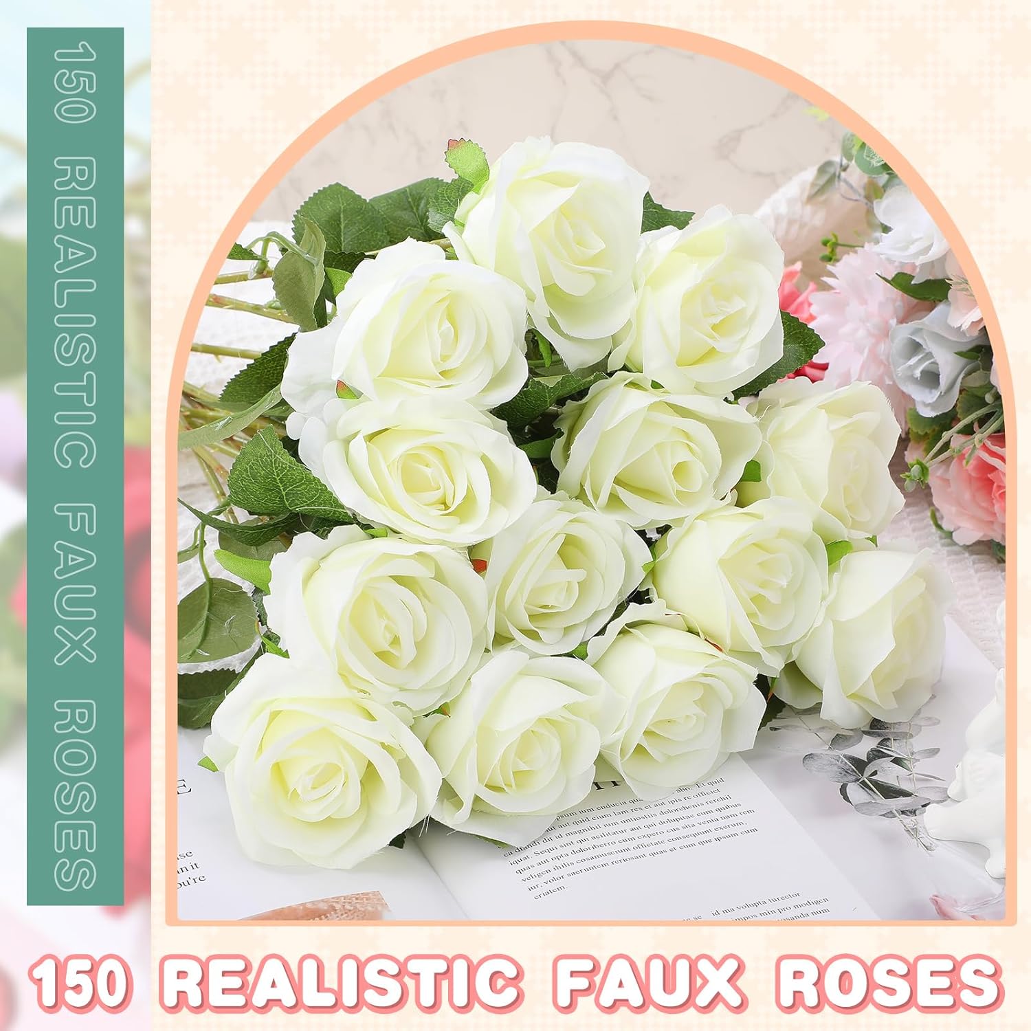 Tigeen 150 Pcs Artificial White Roses Bulk