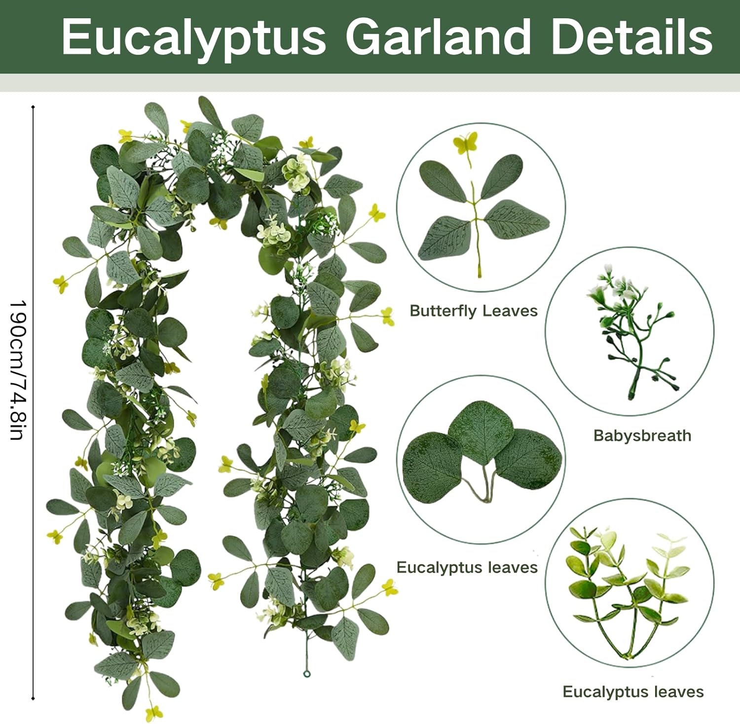 ASTRYAS 2 Pack Artificial Eucalyptus Garland with Flowers