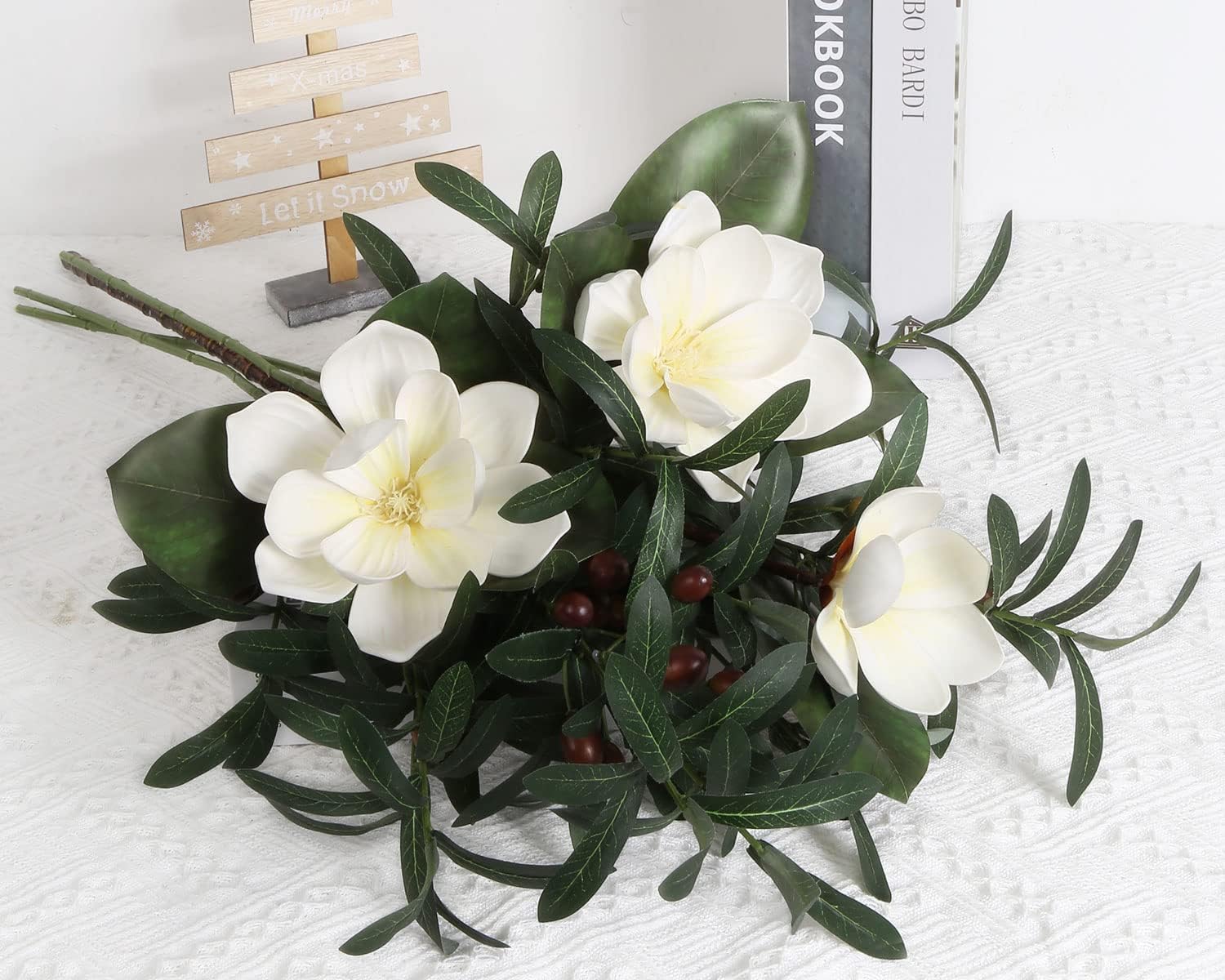 White Silk Magnolia Flowers and Olive Branches Artificial Flower Set for Vases