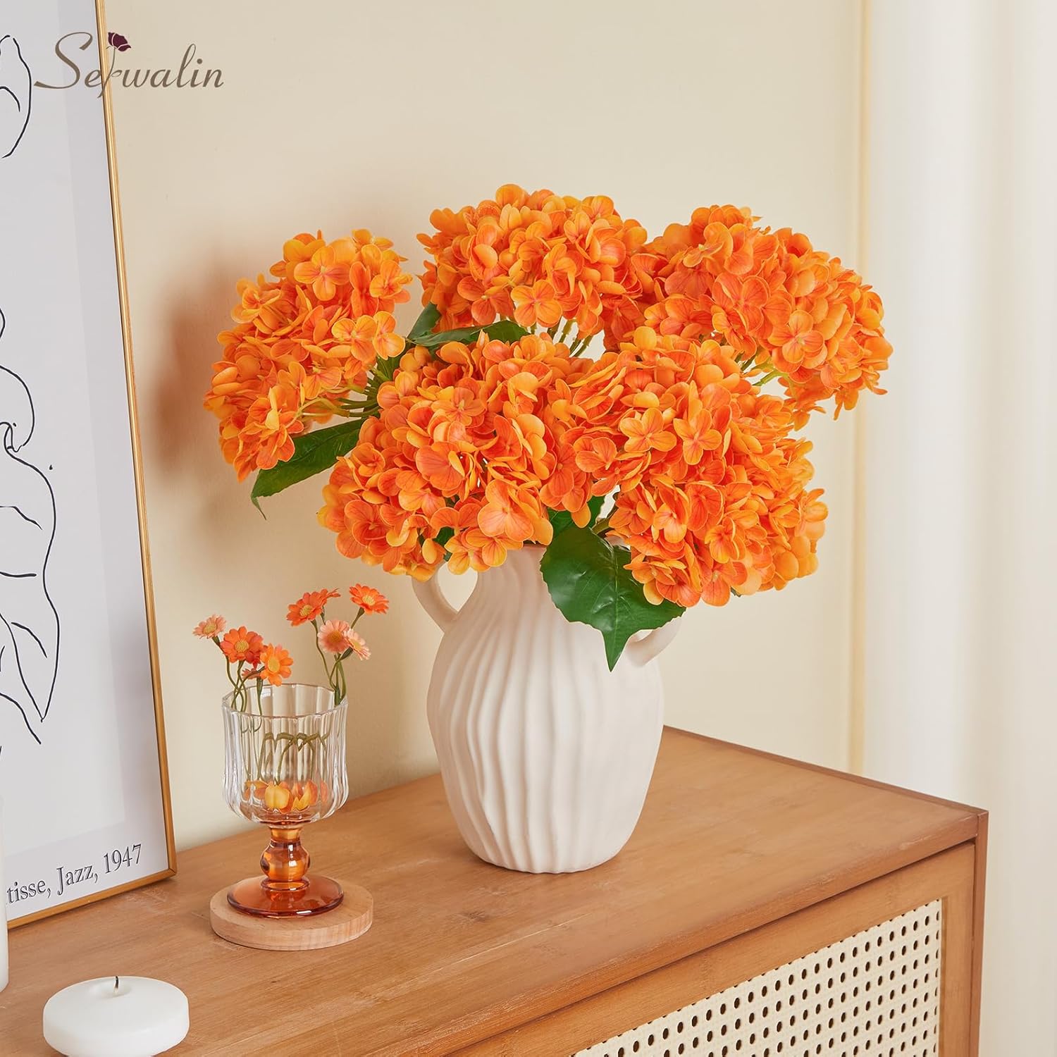 Serwalin Real Touch Hydrangea Artificial Flowers 21in Long Stems
