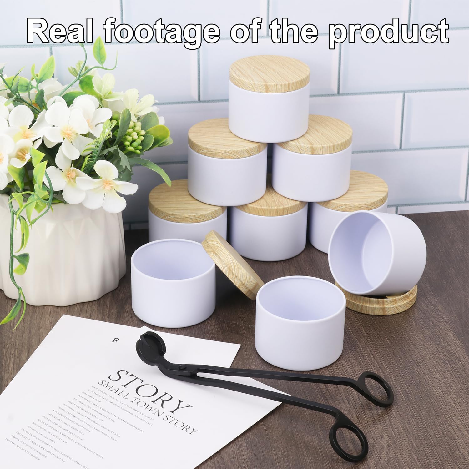 48-Pack 4 OZ White Metal Candle Tins with Wood Grain Lids