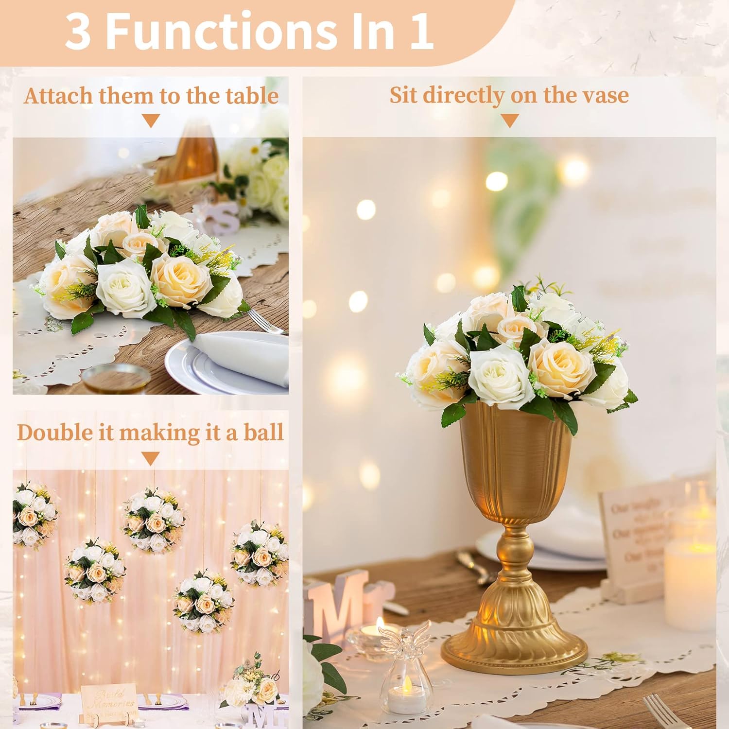NUPTIO 6 Piece Champagne White Fake Flower Arrangement Bouquet with Base