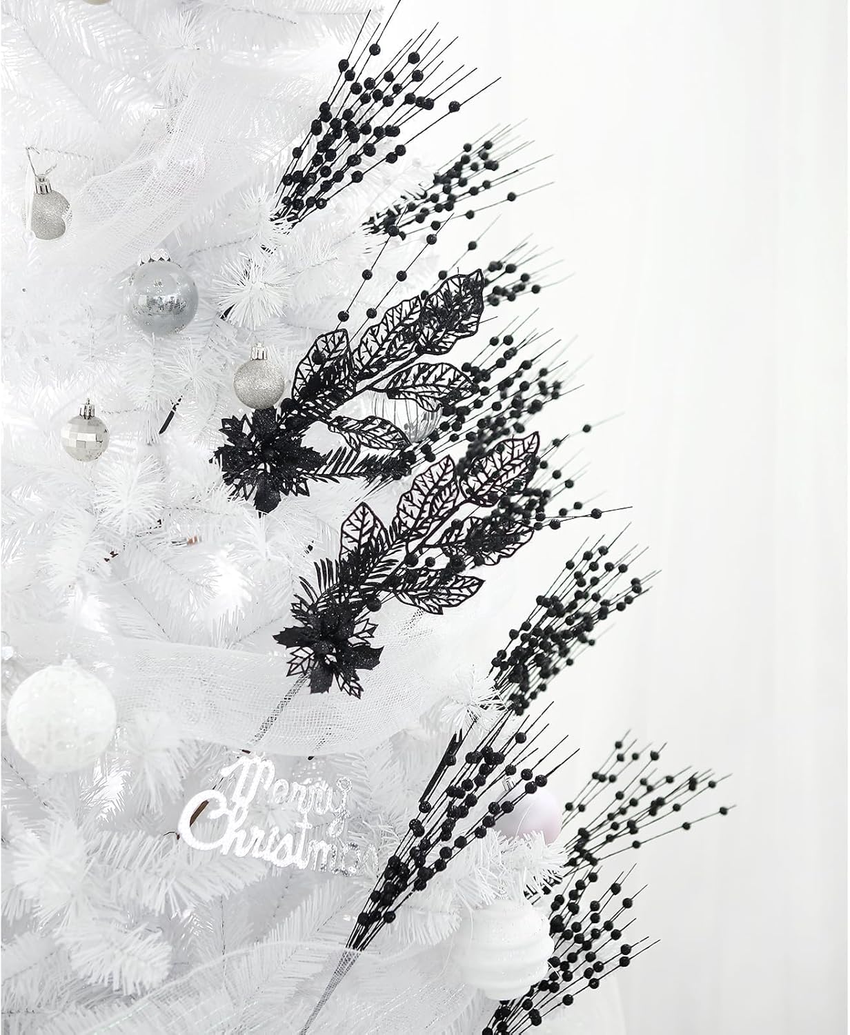 12 Pack Artificial Glitter Christmas Tree Picks Black with Berry Stems and Flowers
