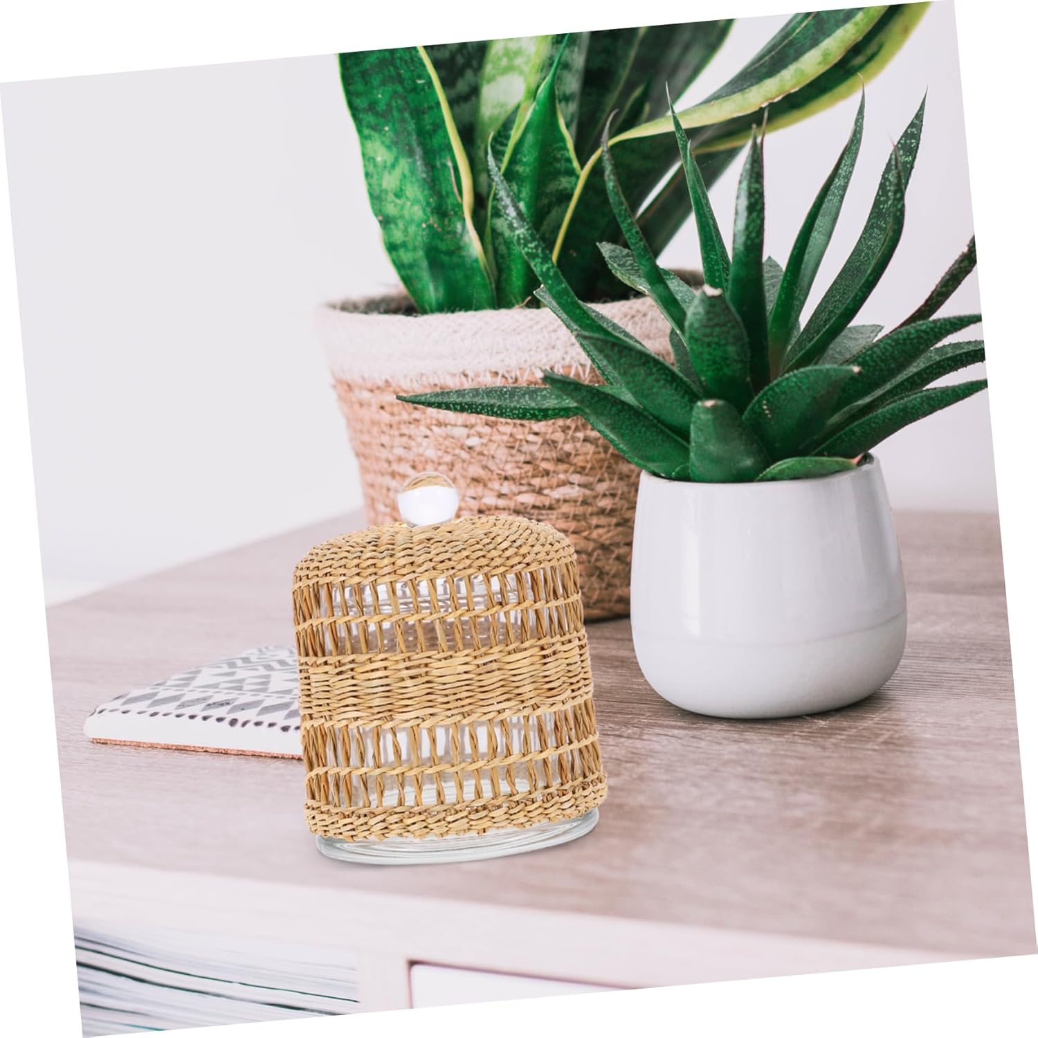 Zerodeko Glass Candle Dome Holder with Rattan Wrap Decorative Cover