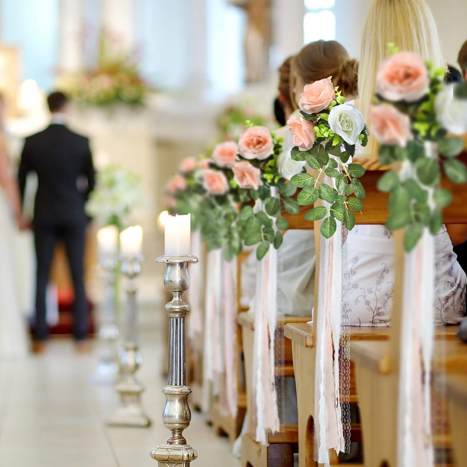 Giegxin 16 Pcs Wedding Aisle Decorations Pew Flowers with Ribbons