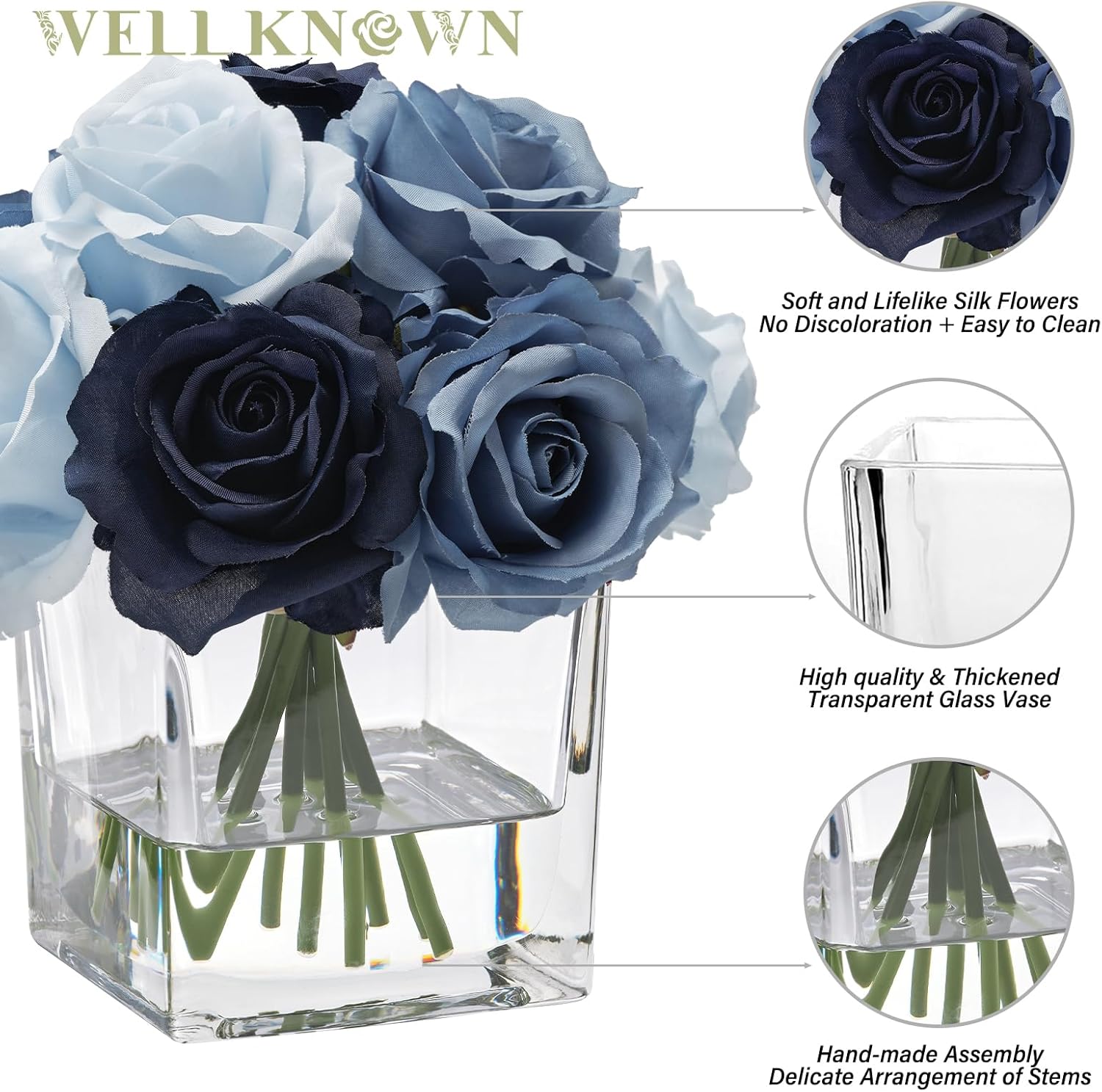 Silk Rose Artificial Flowers in Blue Vase with Faux Water