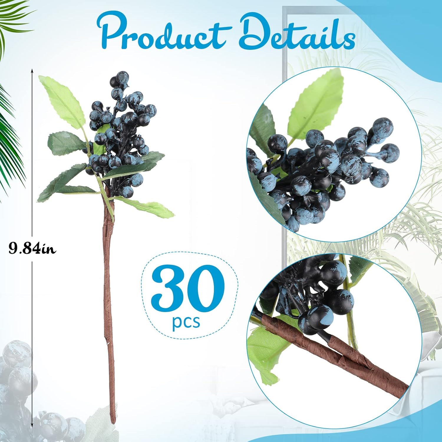 Yunsailing 30 Pcs Artificial Blueberry Stems Set