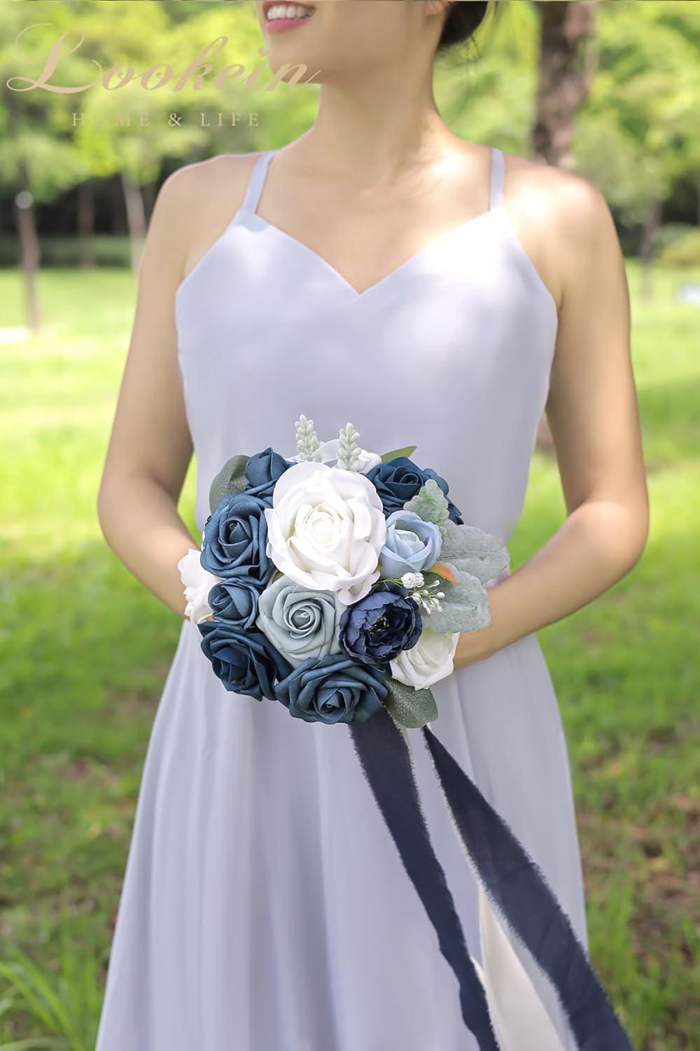 Lookein 4pcs 7 Inch Artificial Bridesmaid Bouquets Navy Blue